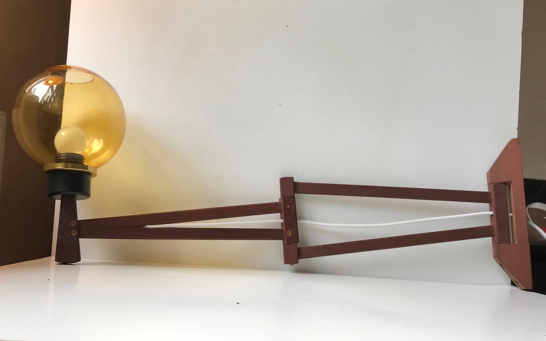 Scandinavian Swing Arm Wall Light in Teak and Smoke Glass, 1960s In Good Condition In Esbjerg, DK