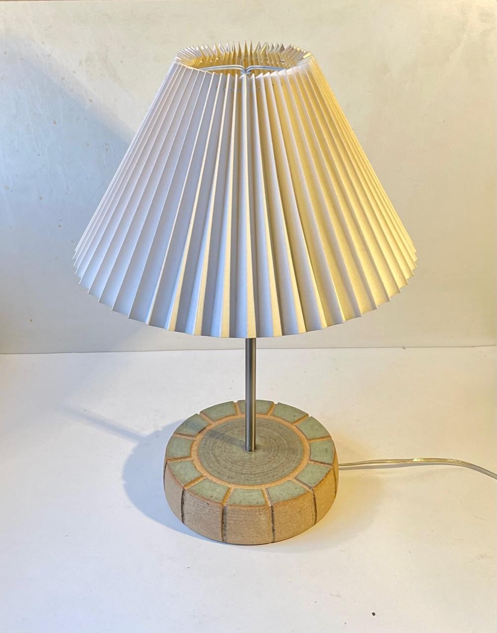 Scandinavian Modern Scandinavian Table Lamp with Fluted Stoneware Base in Green Glaze For Sale