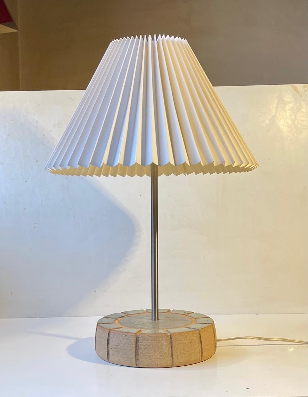 Glazed Scandinavian Table Lamp with Fluted Stoneware Base in Green Glaze For Sale