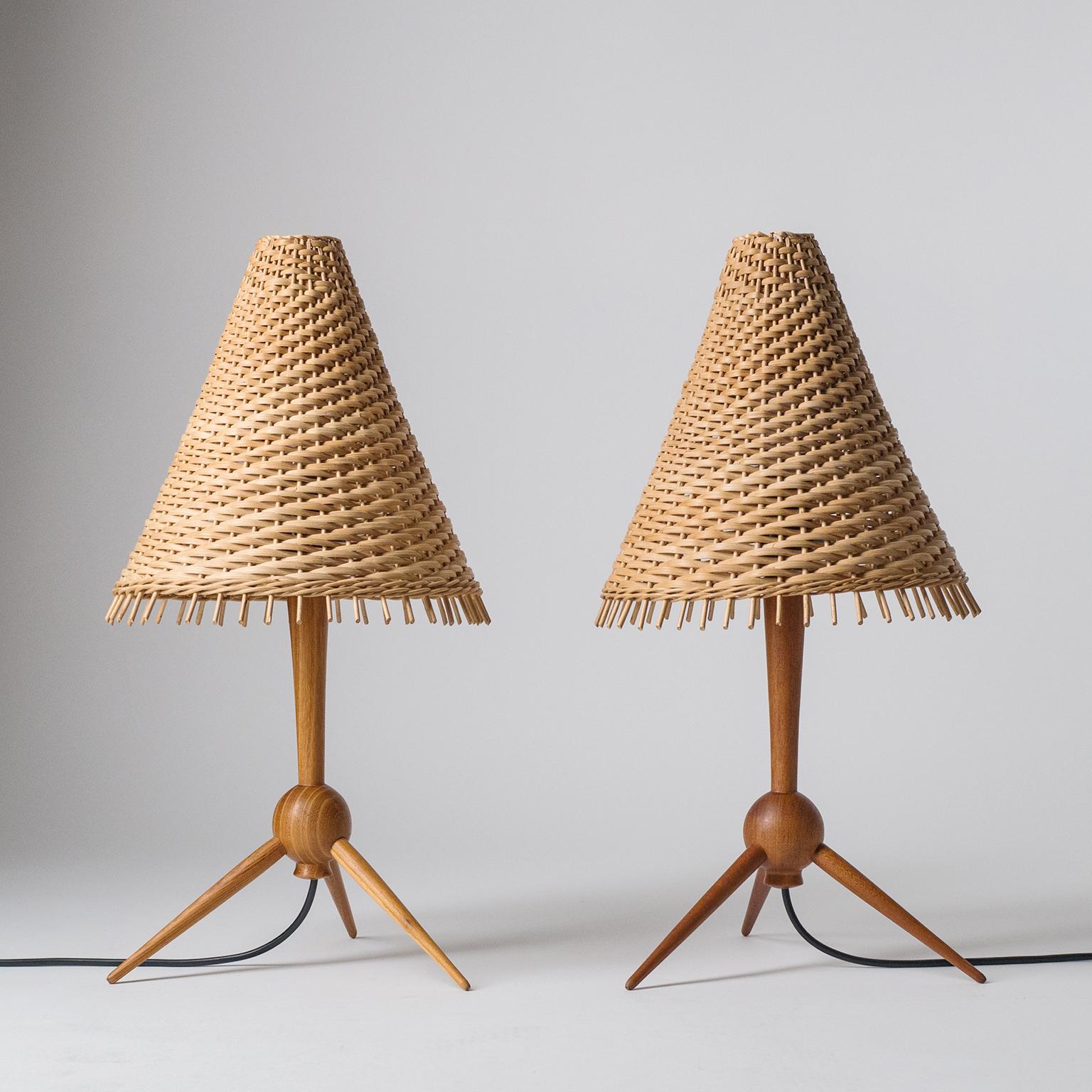 Scandinavian Table Lamps, 1960s, Teak and Rattan 4