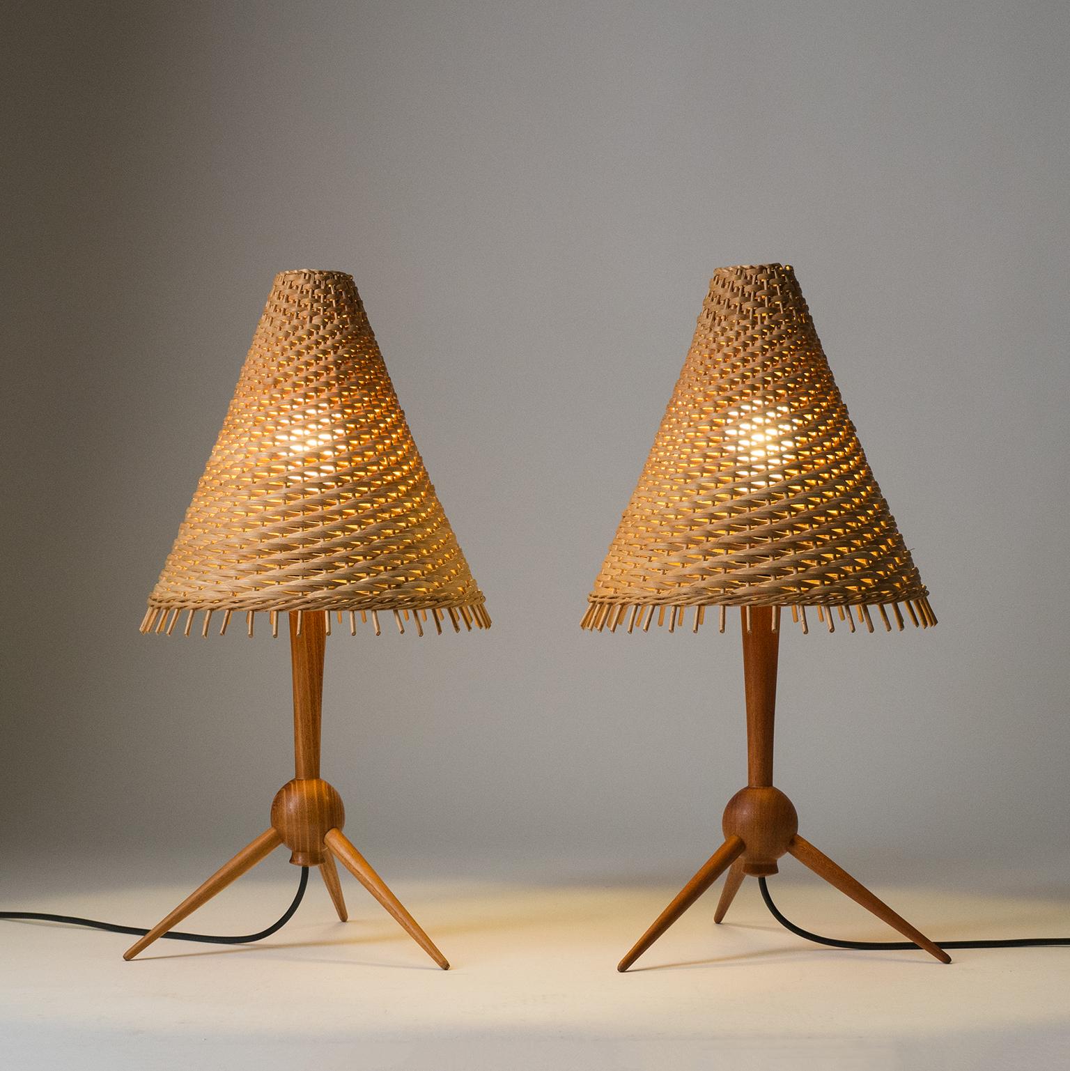 Scandinavian Table Lamps, 1960s, Teak and Rattan 5