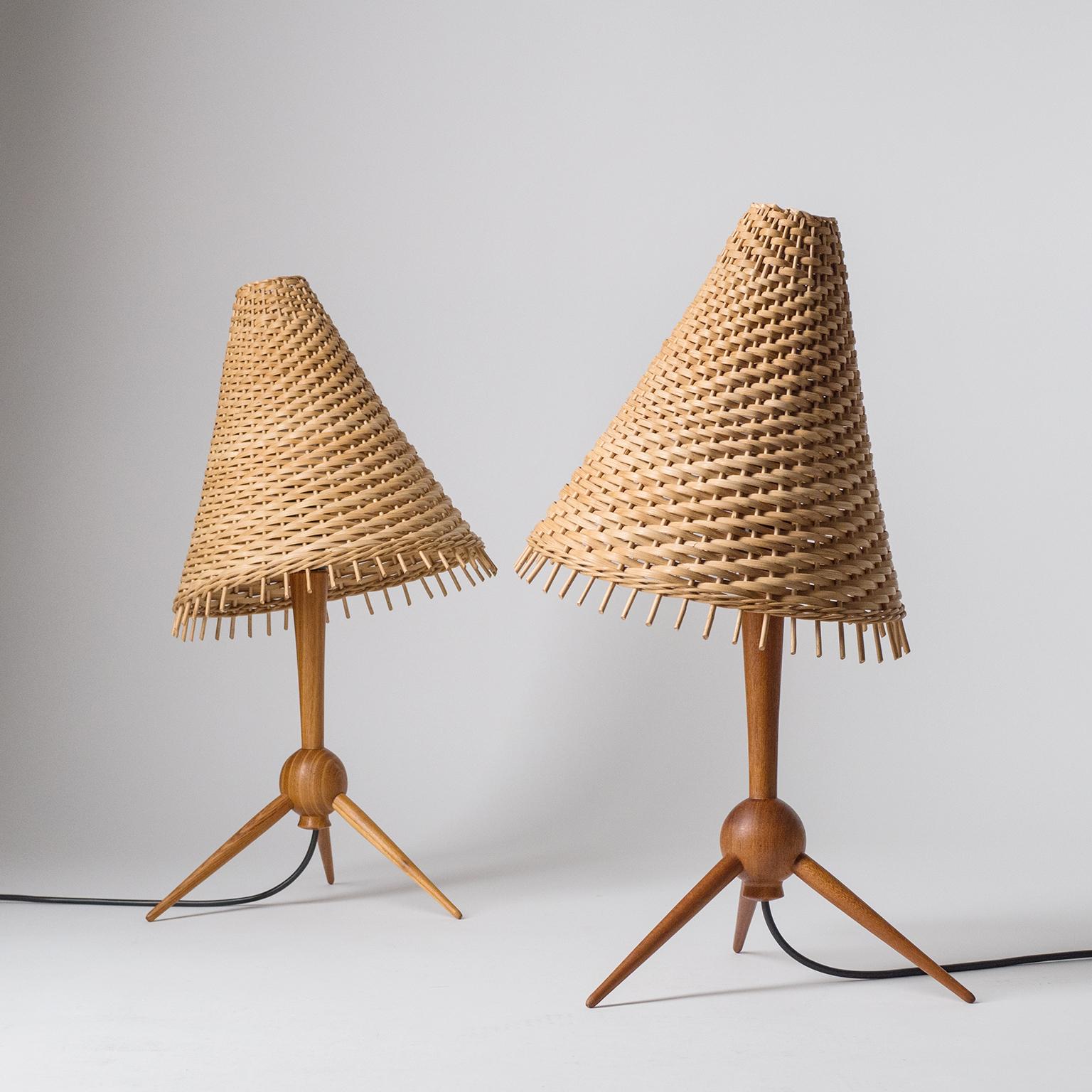 Mid-20th Century Scandinavian Table Lamps, 1960s, Teak and Rattan