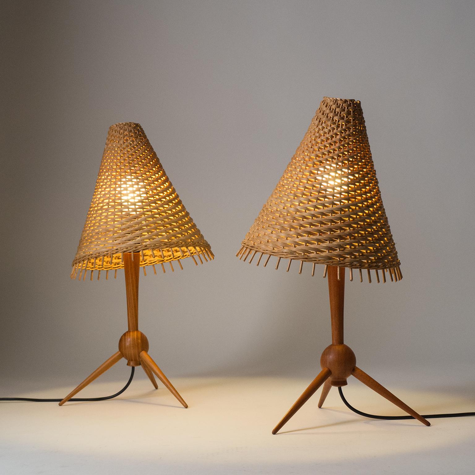 Scandinavian Table Lamps, 1960s, Teak and Rattan 1