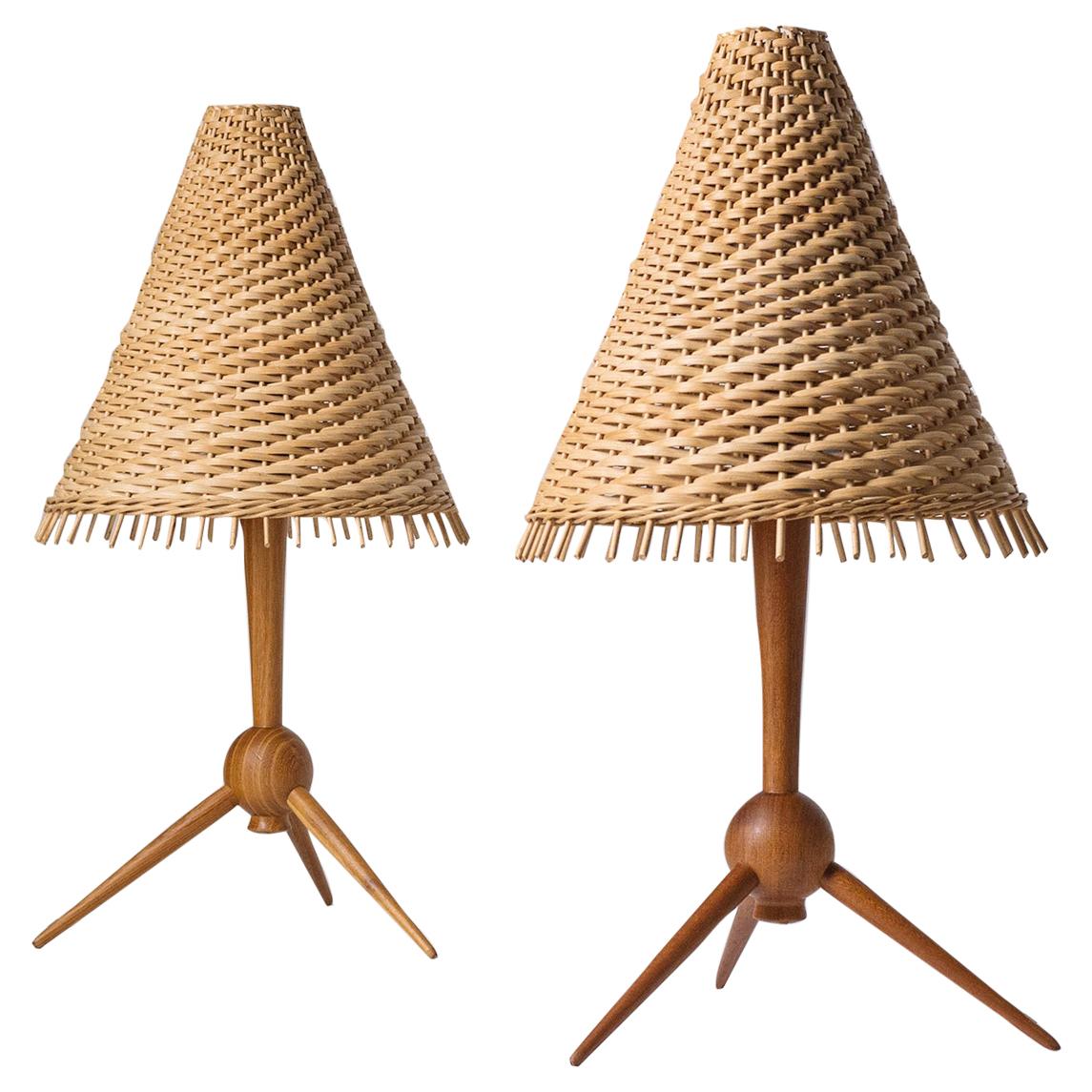 Scandinavian Table Lamps, 1960s, Teak and Rattan