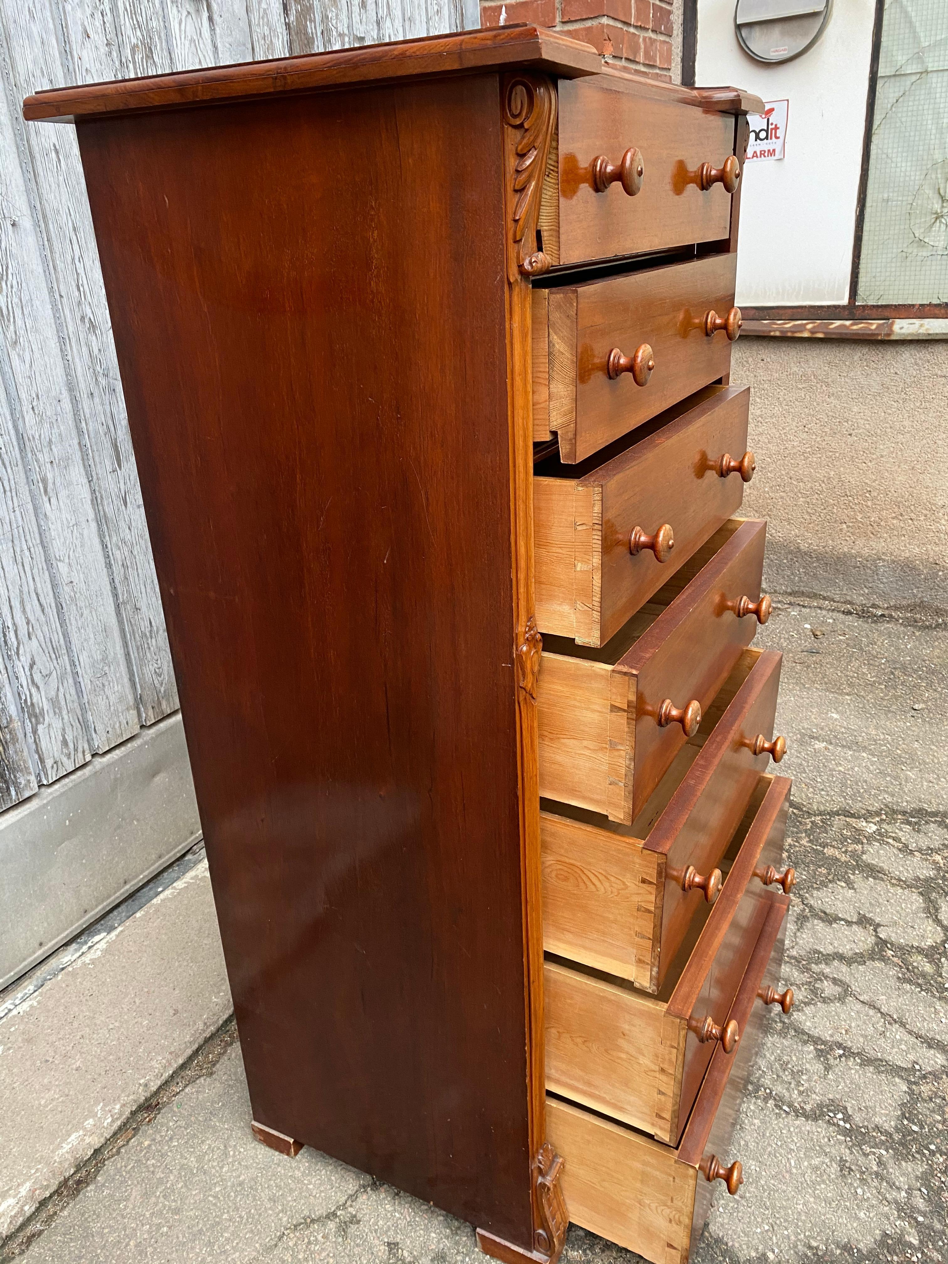 Tall Scandinavian 7 drawers chest in mahogany, Sweden.