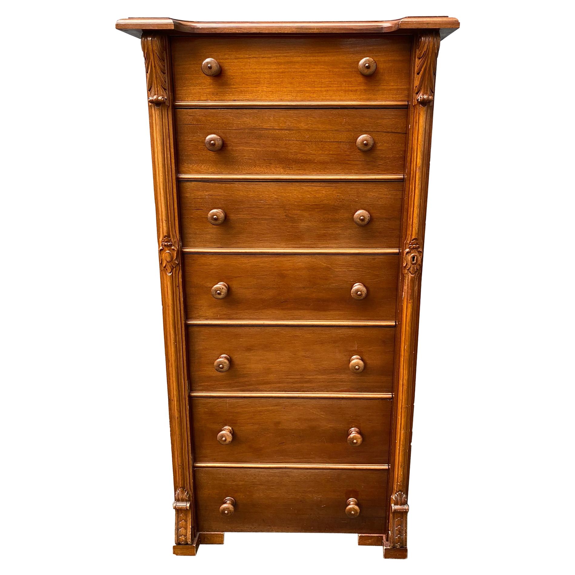 Scandinavian Tall and Narrow 7 Drawers Chest in Mahogany For Sale