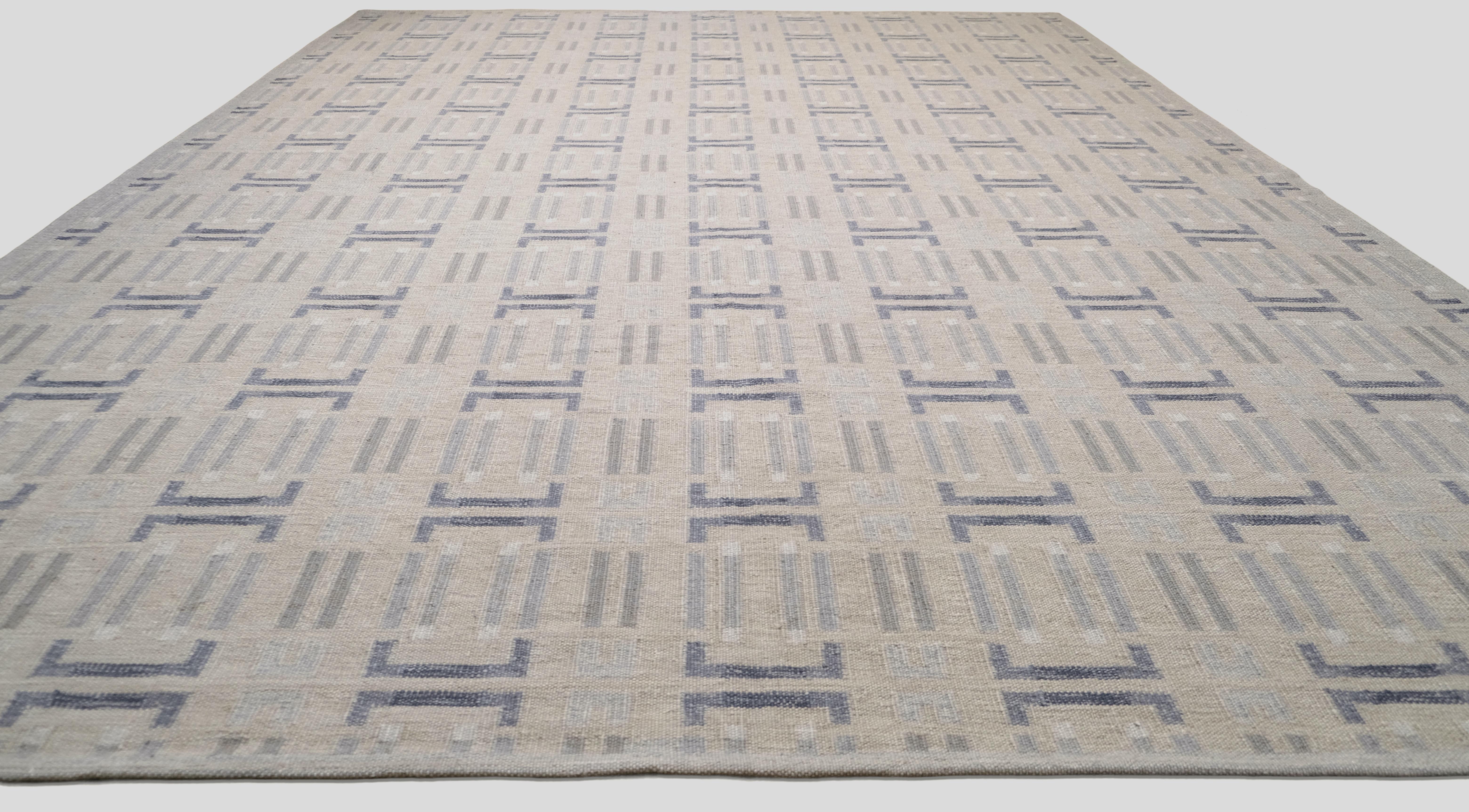 Moderne Tapis scandinave géométrique taupe et bleu 12'x16' en vente