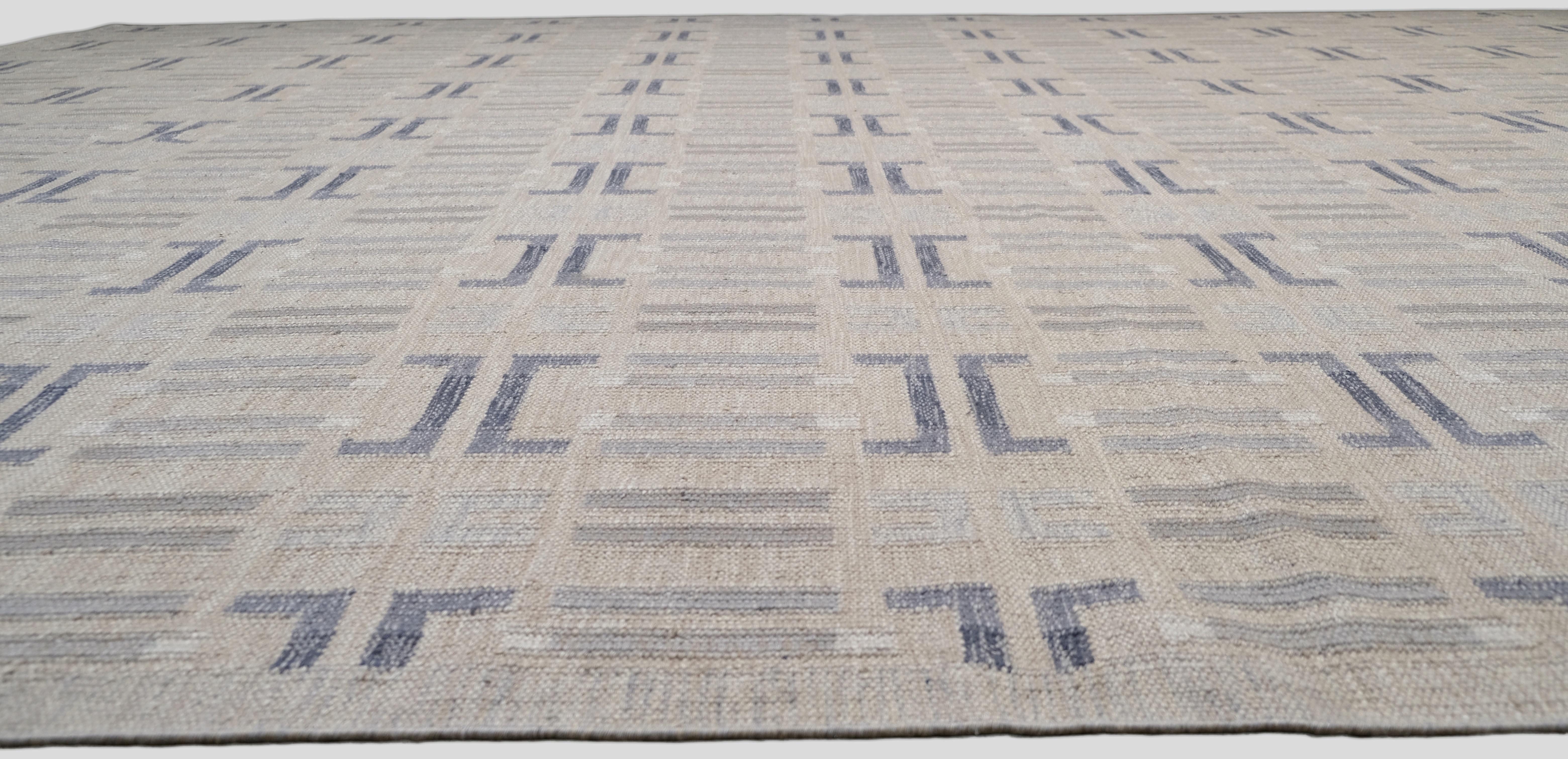 Asiatique Tapis scandinave géométrique taupe et bleu 12'x16' en vente