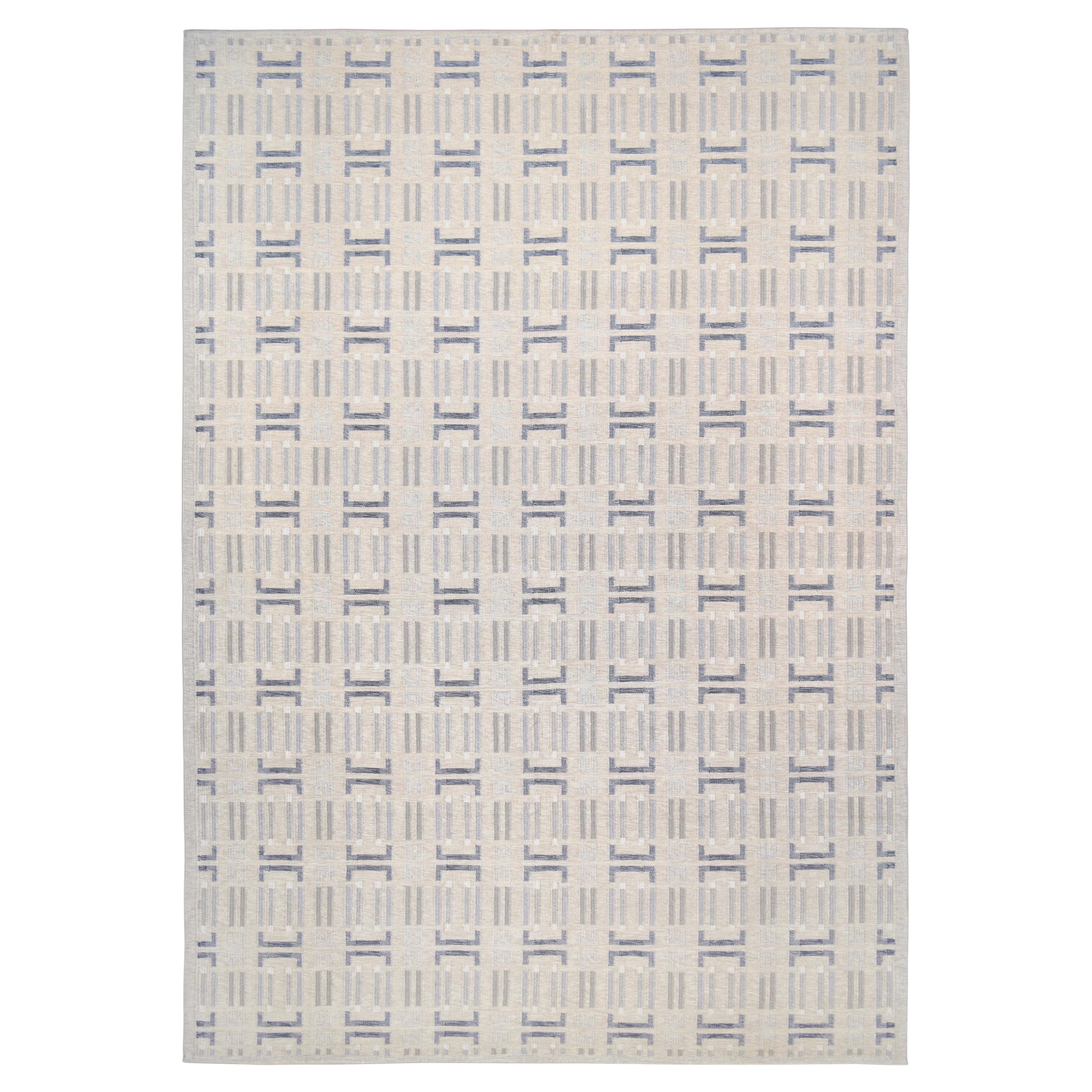 Skandinavisch Taupe und Blau Geometrischer Wollteppich 12'x16'