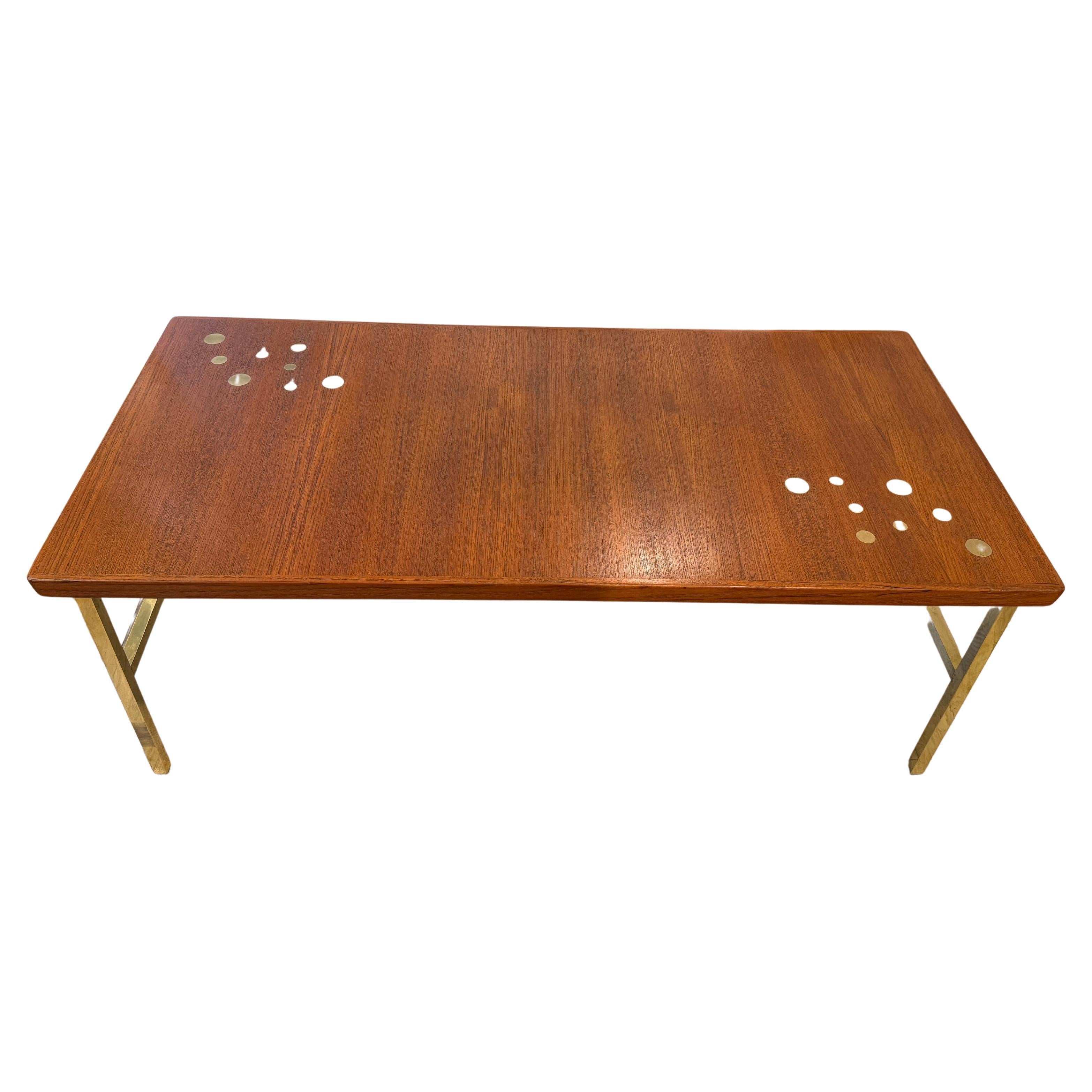 Mid-Century Modern Scandinavian teak and brass coffee table For Sale