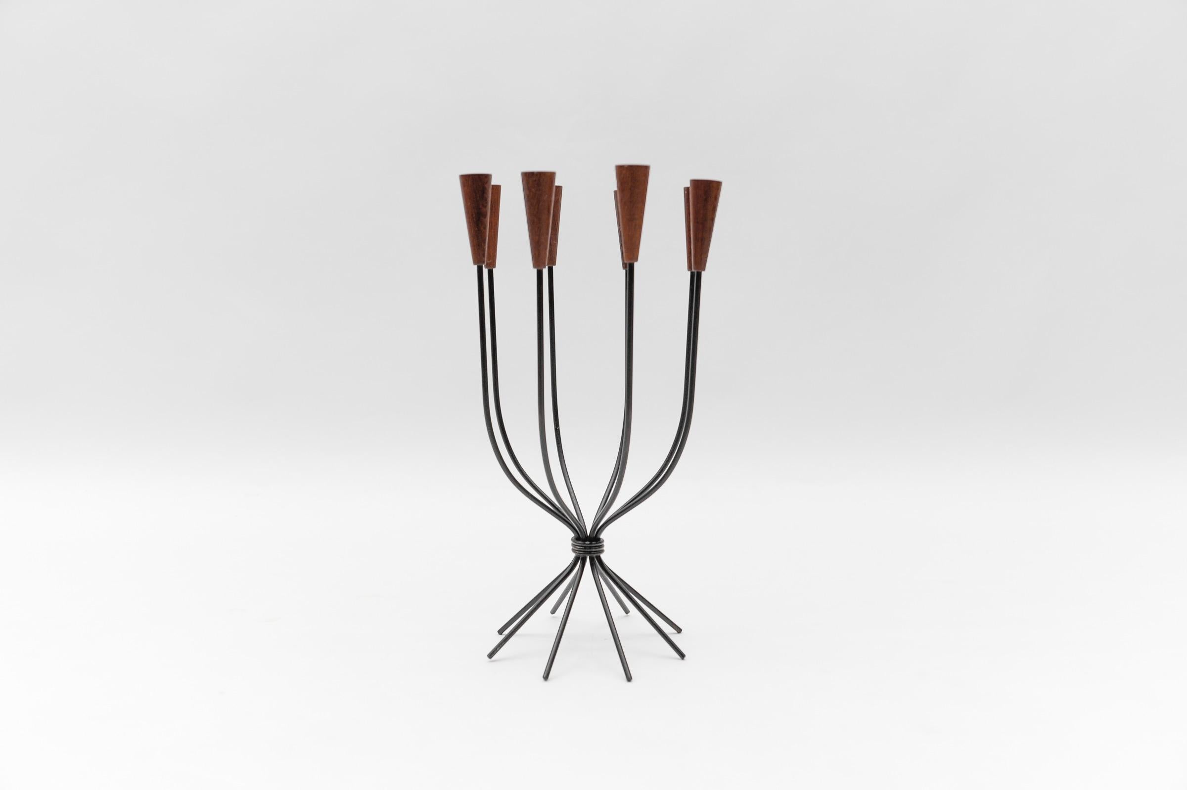 Mid-20th Century Scandinavian teak and string 8-place candle holder, 1960s For Sale