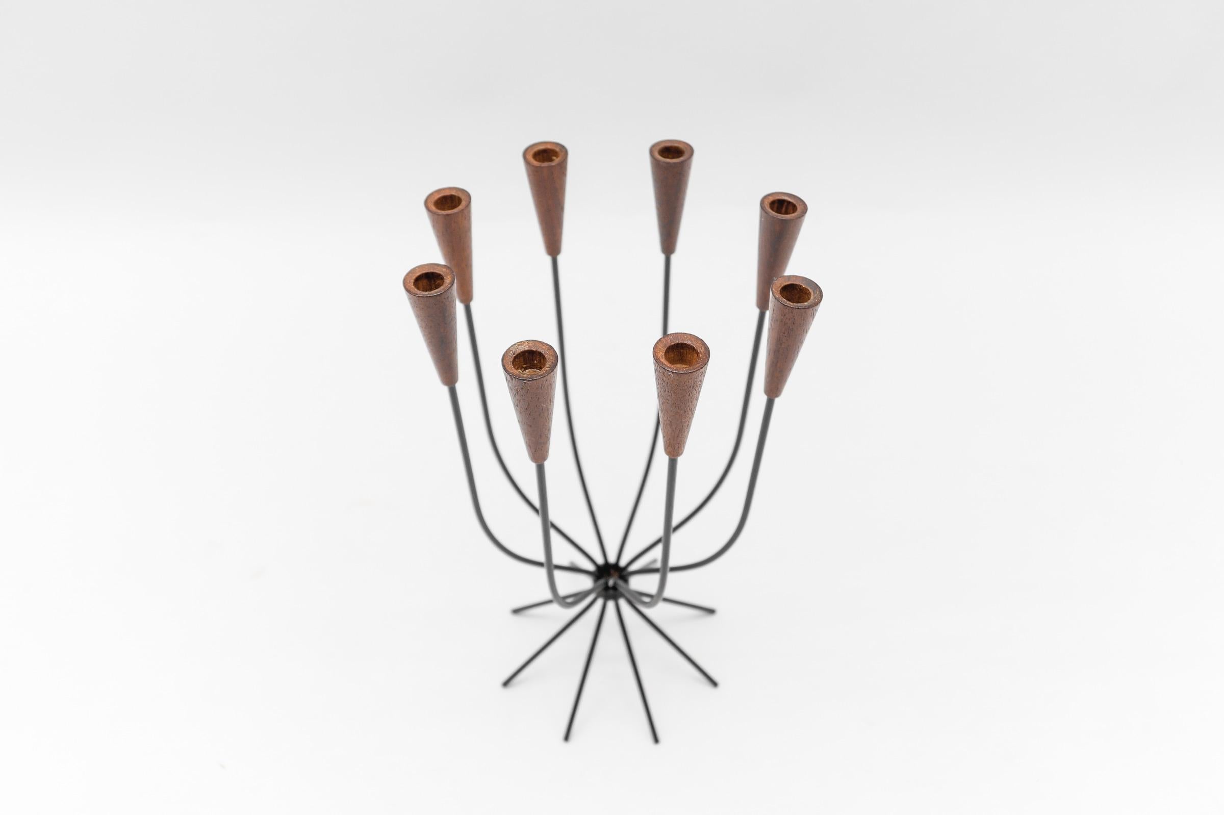 Metal Scandinavian teak and string 8-place candle holder, 1960s For Sale