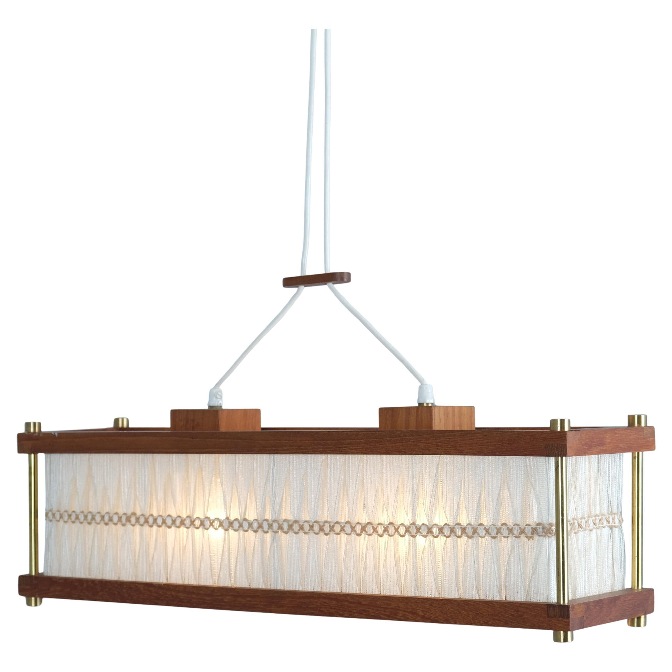 Scandinavian Teak and String Pendant with Brass Details, Sweden 1980s For Sale