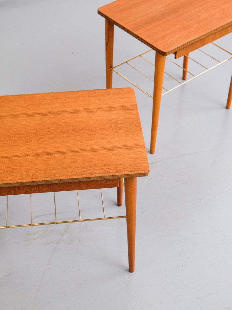 Scandinavian Modern Scandinavian Teak & Brass Bedside Tables, 1950s, Set of 2 For Sale