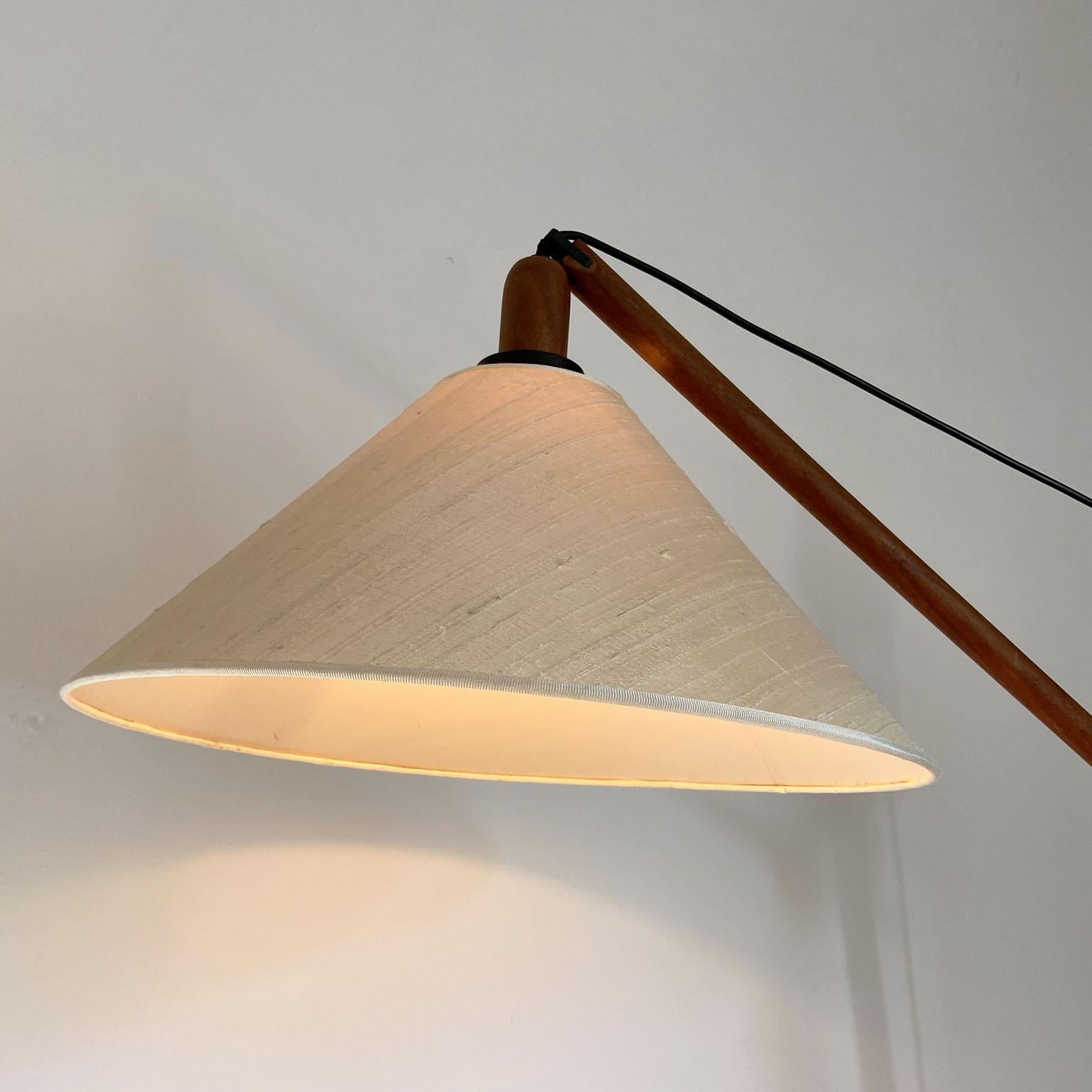 Scandinavian Teak Counter Balance Floor Lamp with Silk Shade For Sale 6