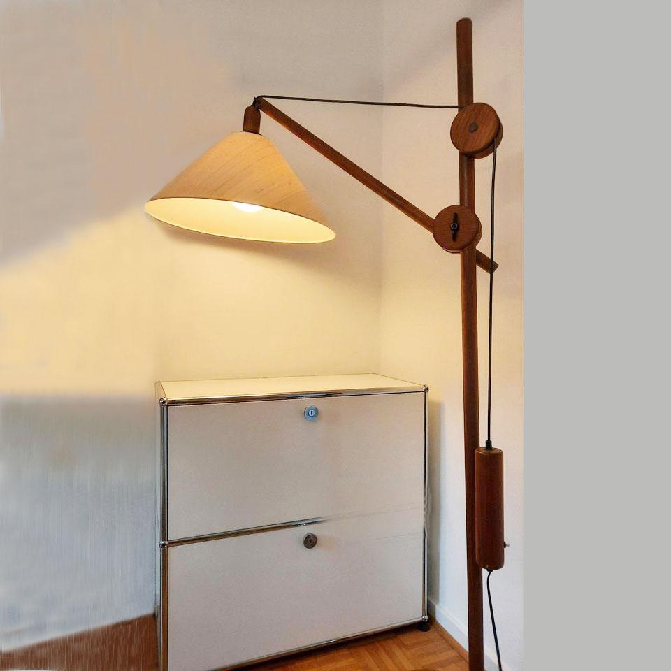Scandinavian Teak Counter Balance Floor Lamp with Silk Shade For Sale 9