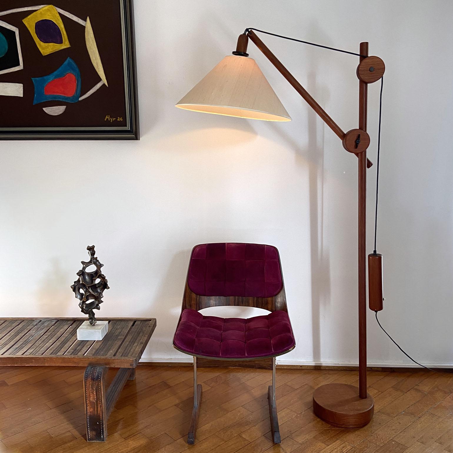Danish Scandinavian Teak Counter Balance Floor Lamp with Silk Shade For Sale