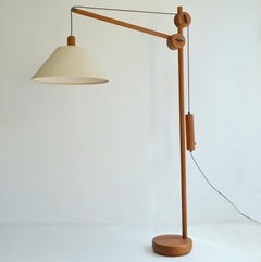 Lampadaire scandinave en teck avec abat-jour en soie