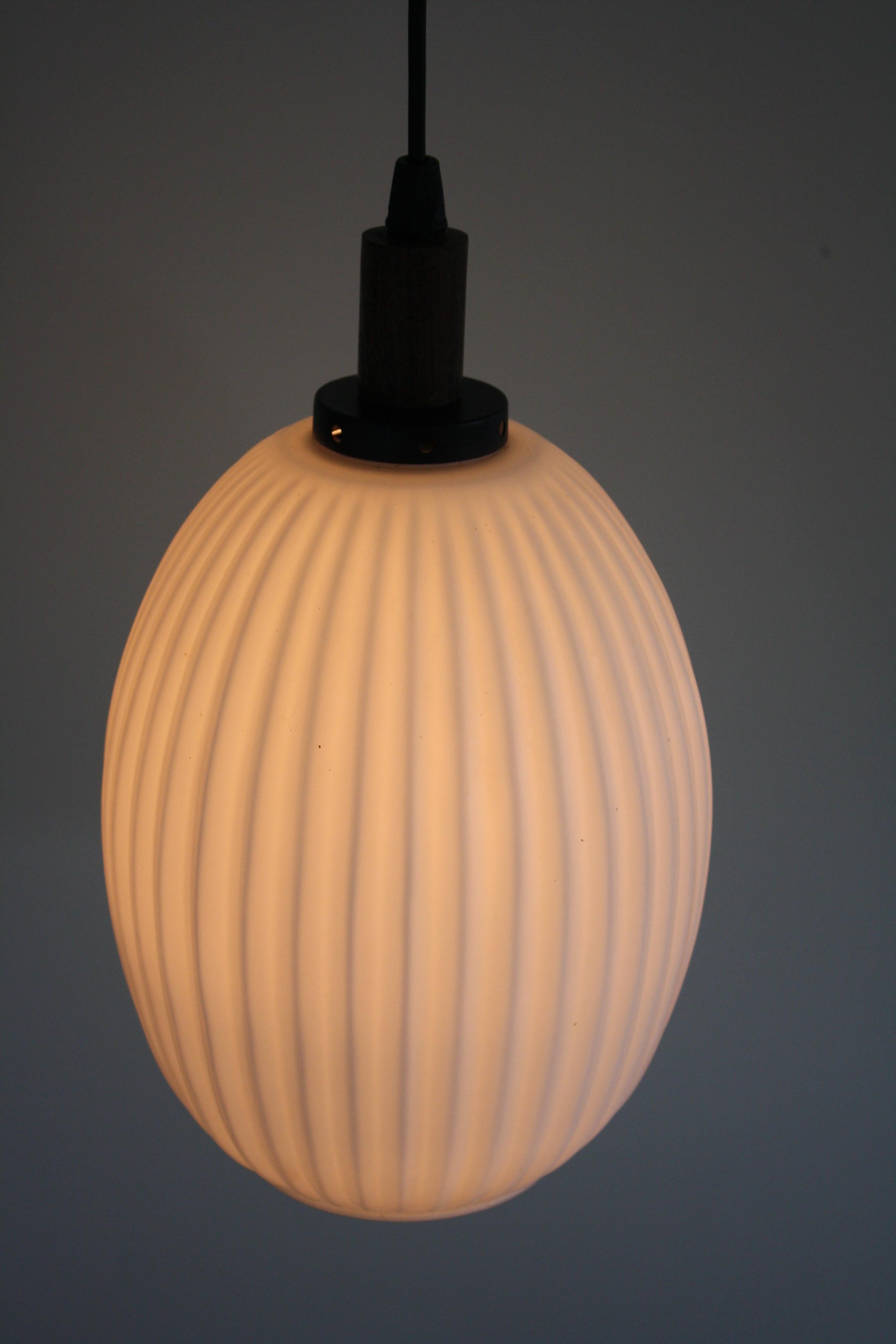 Charming midcentury ribbed pendant light.

It features a milk glass shade with a teak shade holder.

1960s - Denmark

Perfect condition.

Tested and ready to use.

Measures: Height 32 cm/12.60 inch
Diameter shade 20 cm/7.90 inch

Ref.: scndnvntklmp