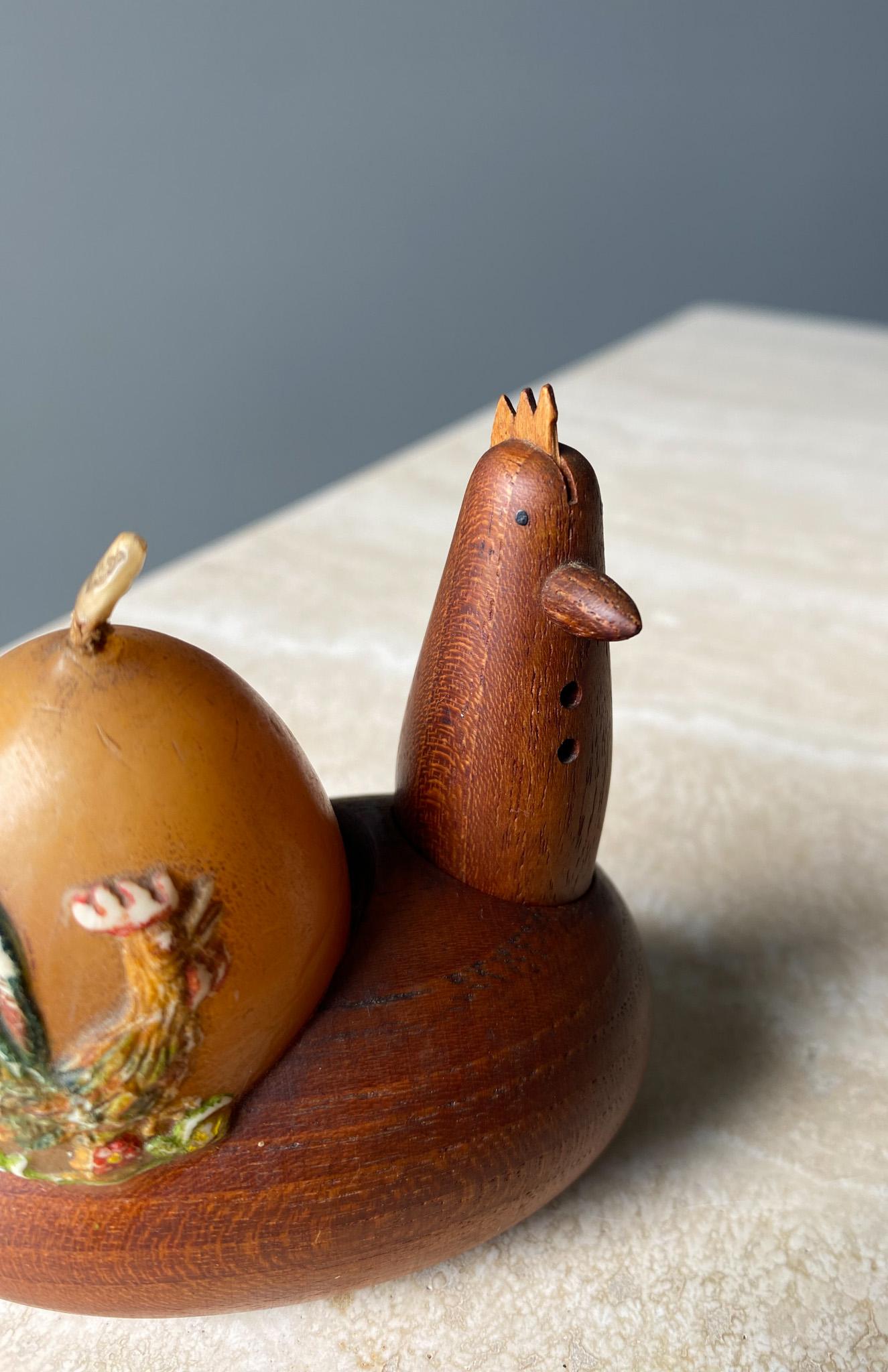 Woodwork Scandinavian Teak Rooster Egg Holder  For Sale