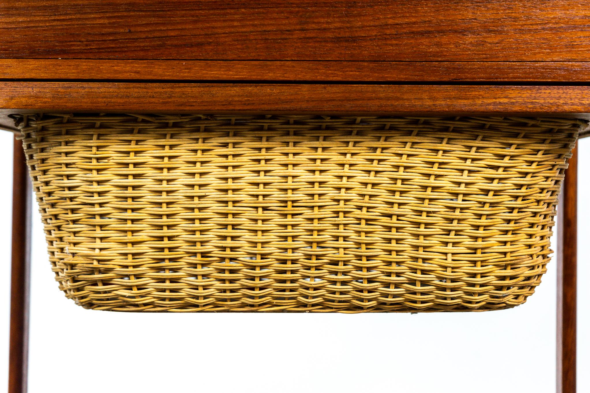 Veneer Scandinavian Teak Sewing Table with Basket