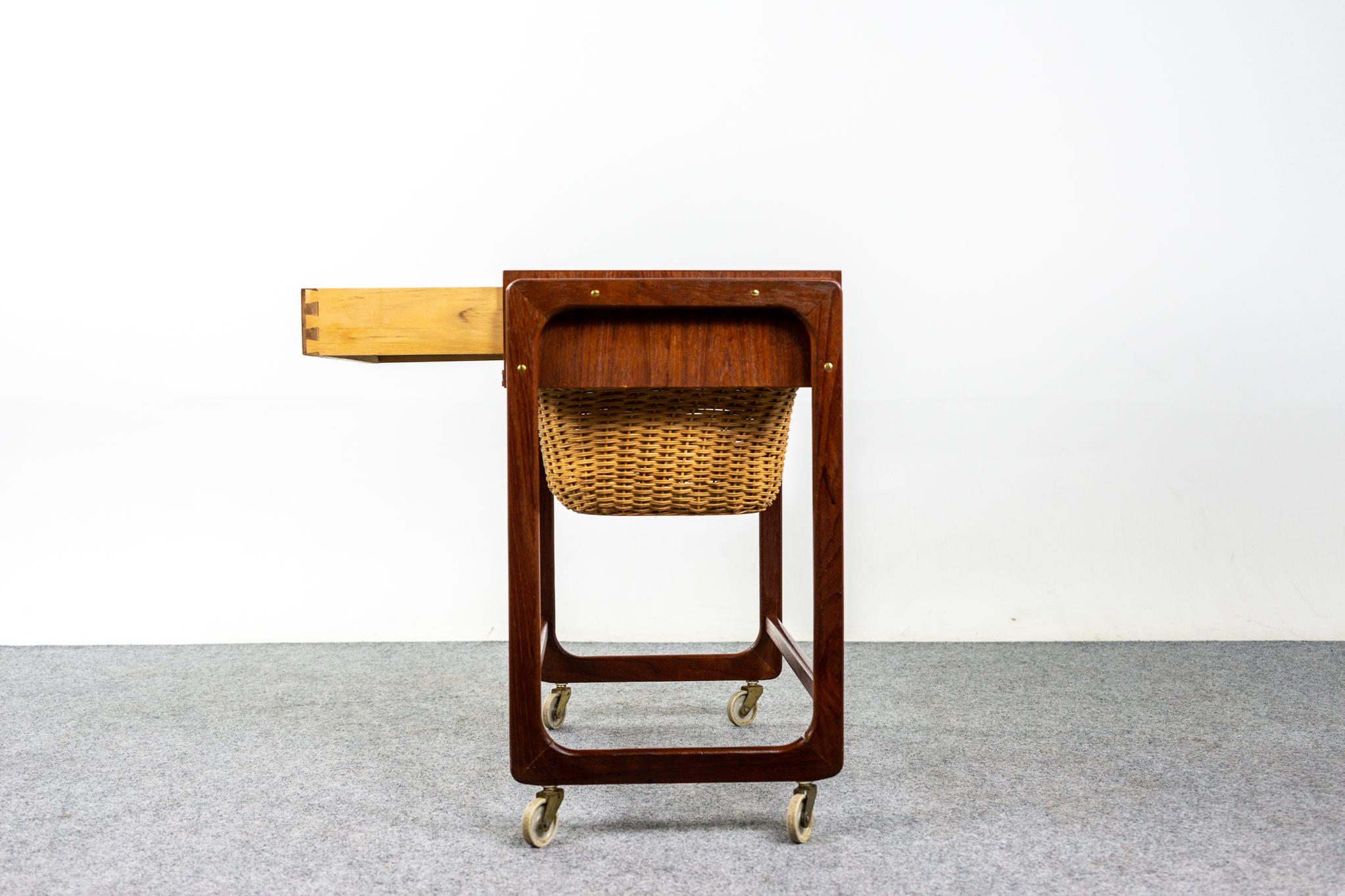 Wicker Scandinavian Teak Sewing Table with Basket