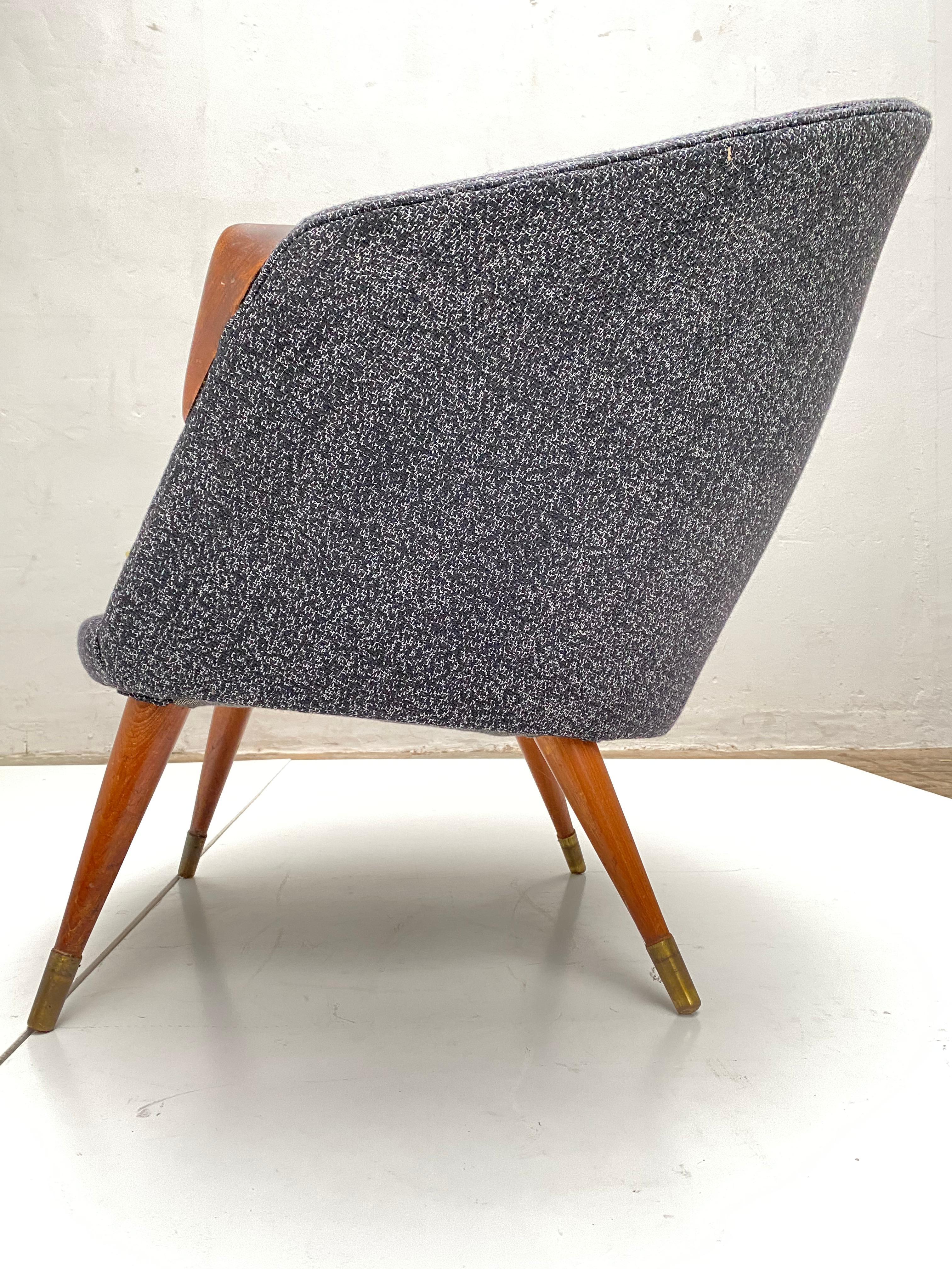 Scandinavian Modern Scandinavian Teak Wool and Brass Lounge Chair 1950s New Upholstery!