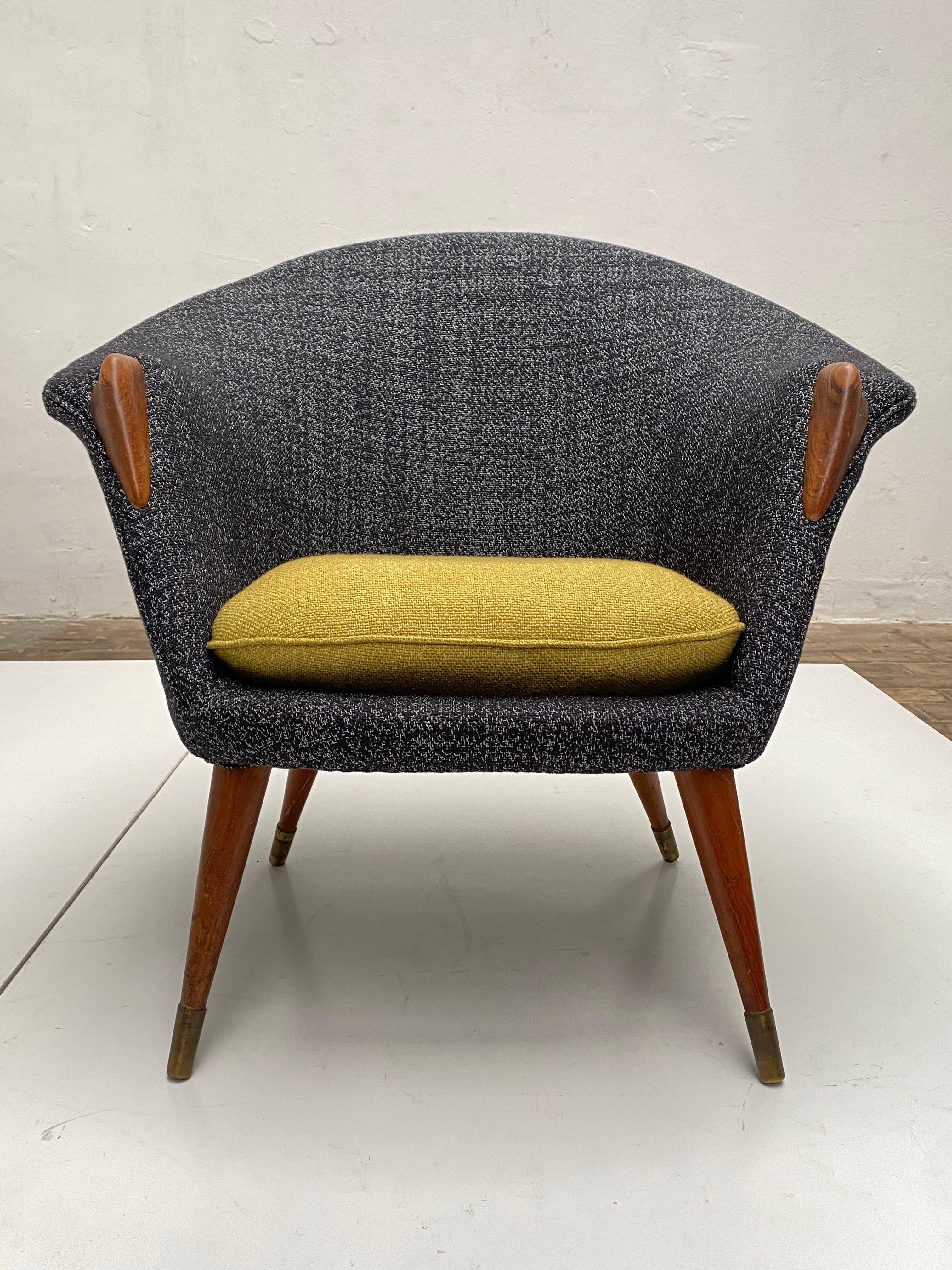 Danish Scandinavian Teak Wool and Brass Lounge Chair 1950s New Upholstery!