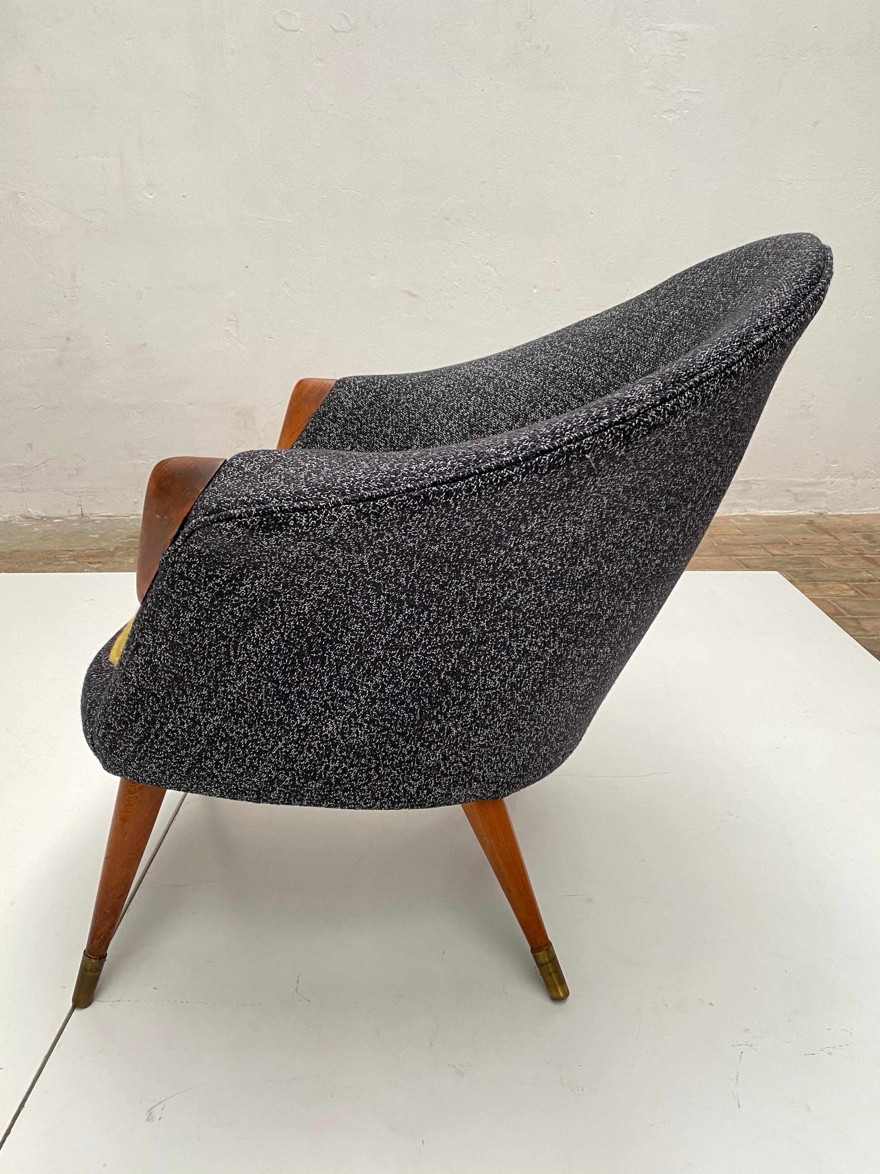 Scandinavian Teak Wool and Brass Lounge Chair 1950s New Upholstery! 2