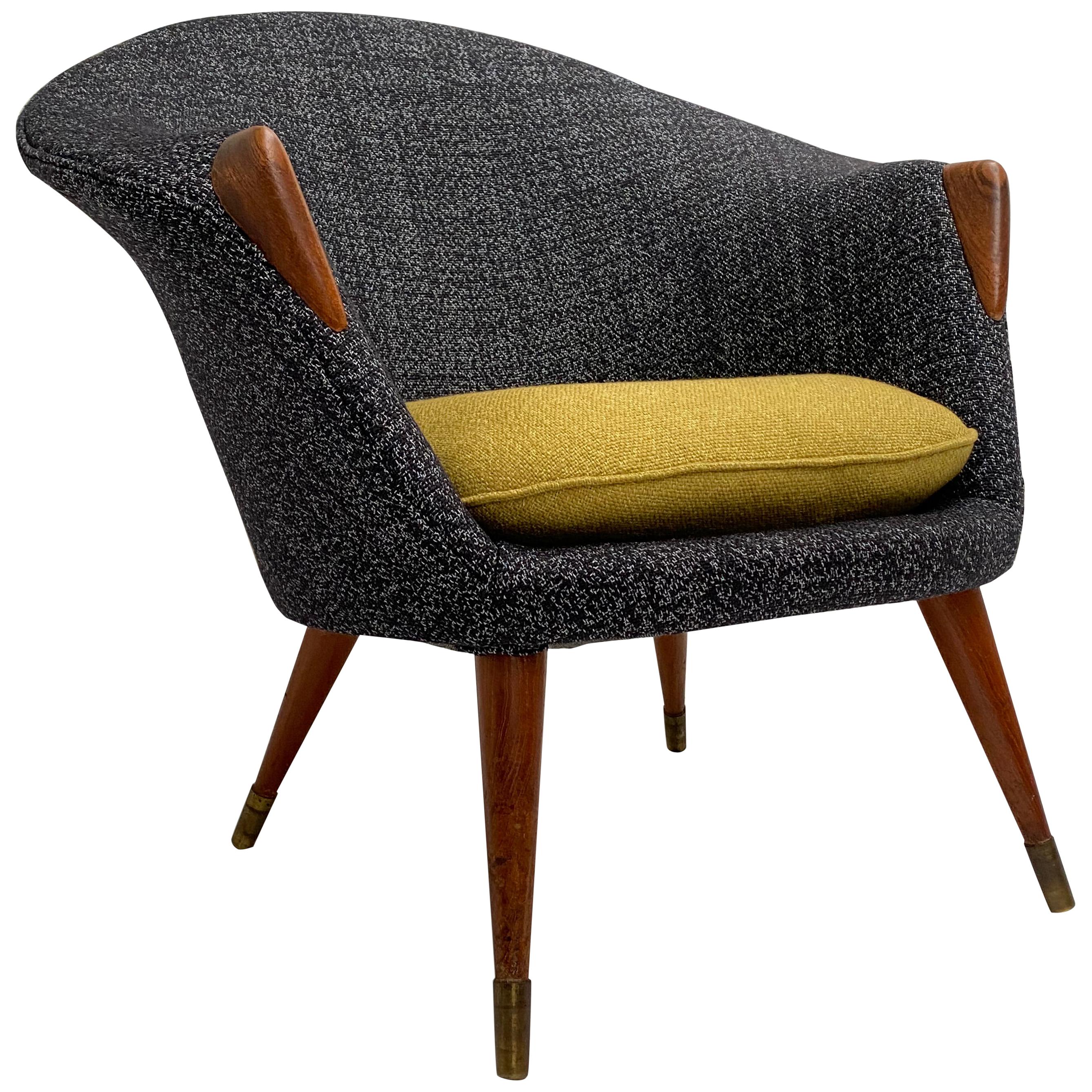 Scandinavian Teak Wool and Brass Lounge Chair 1950s New Upholstery!