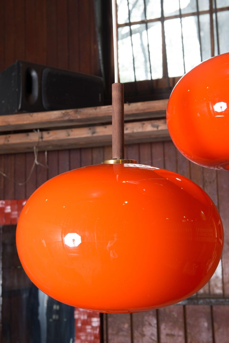 Scandinavian Three Orange Glass Globe Pendant Chandelier For Sale 4
