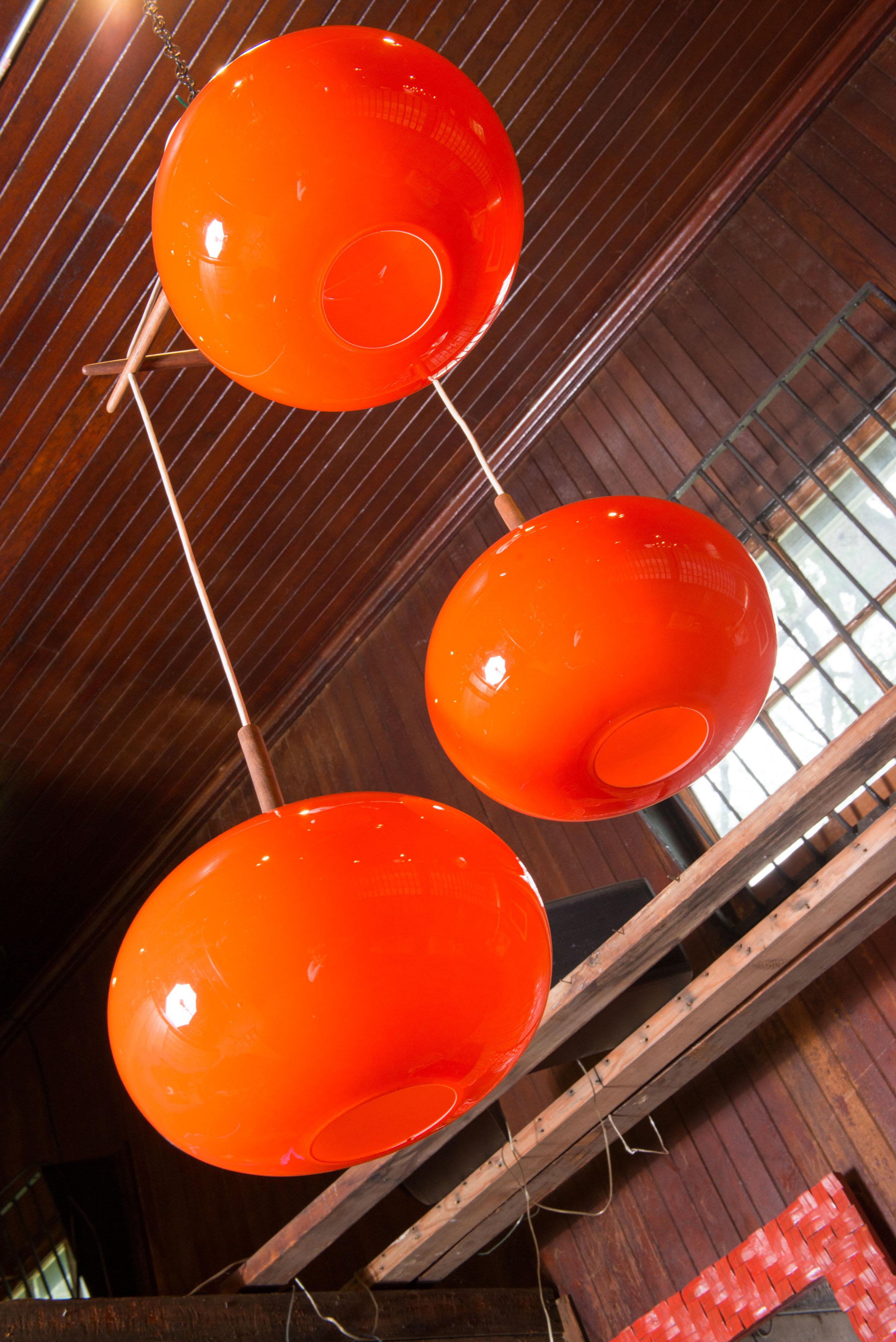 Scandinavian Three Orange Glass Globe Pendant Chandelier For Sale 2