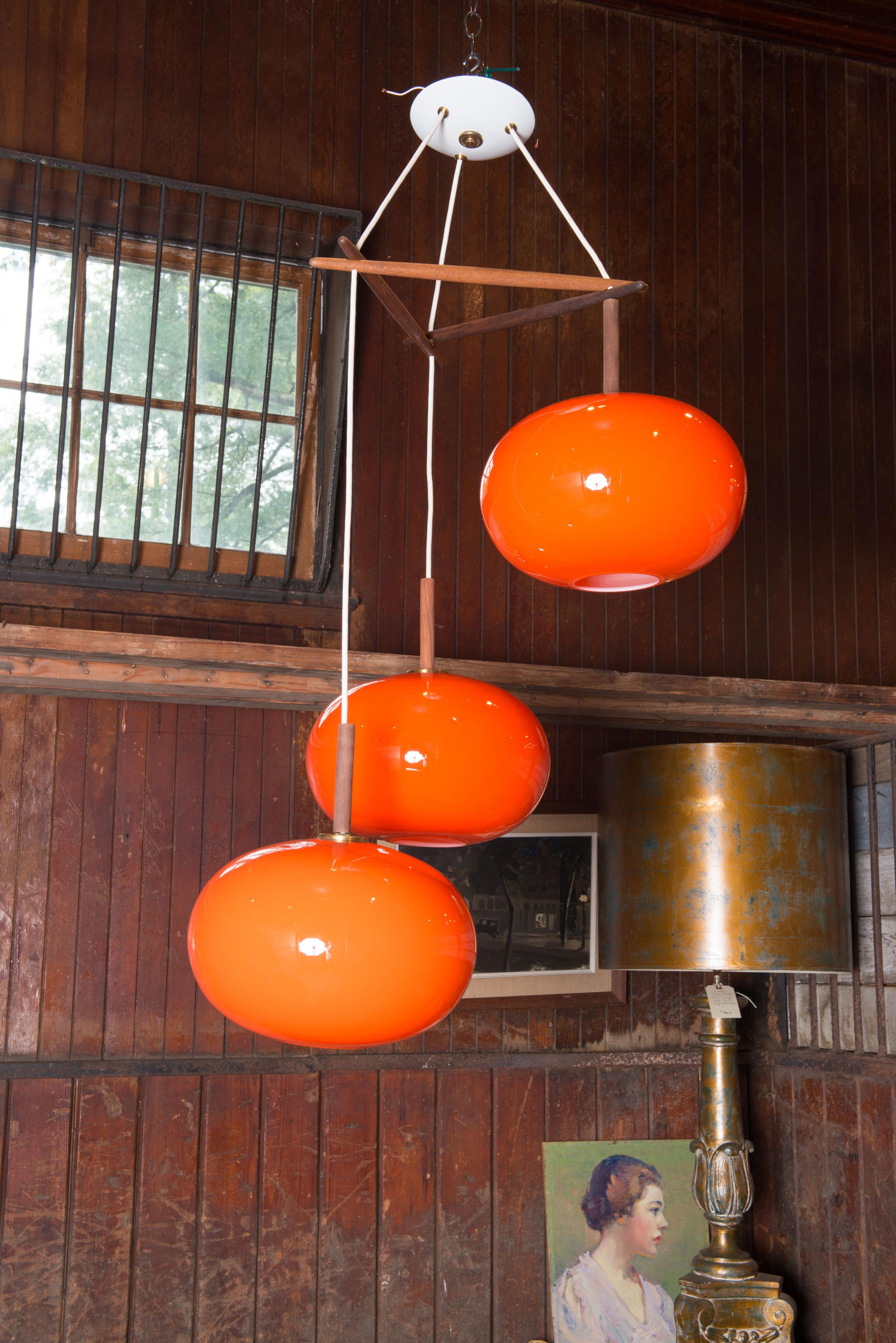 Scandinavian Three Orange Glass Globe Pendant Chandelier For Sale 5