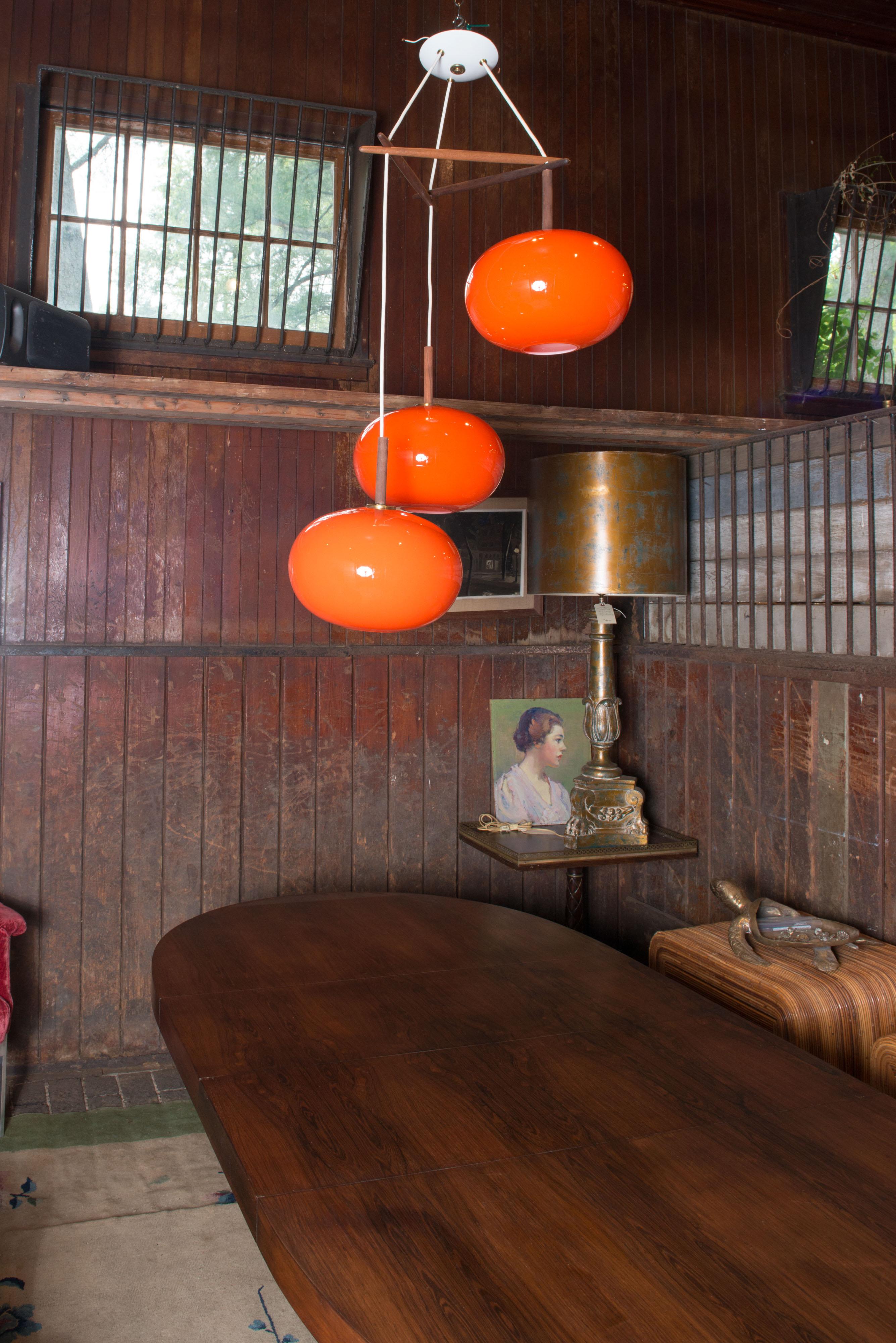 Wood Scandinavian Three Orange Glass Globe Pendant Chandelier For Sale