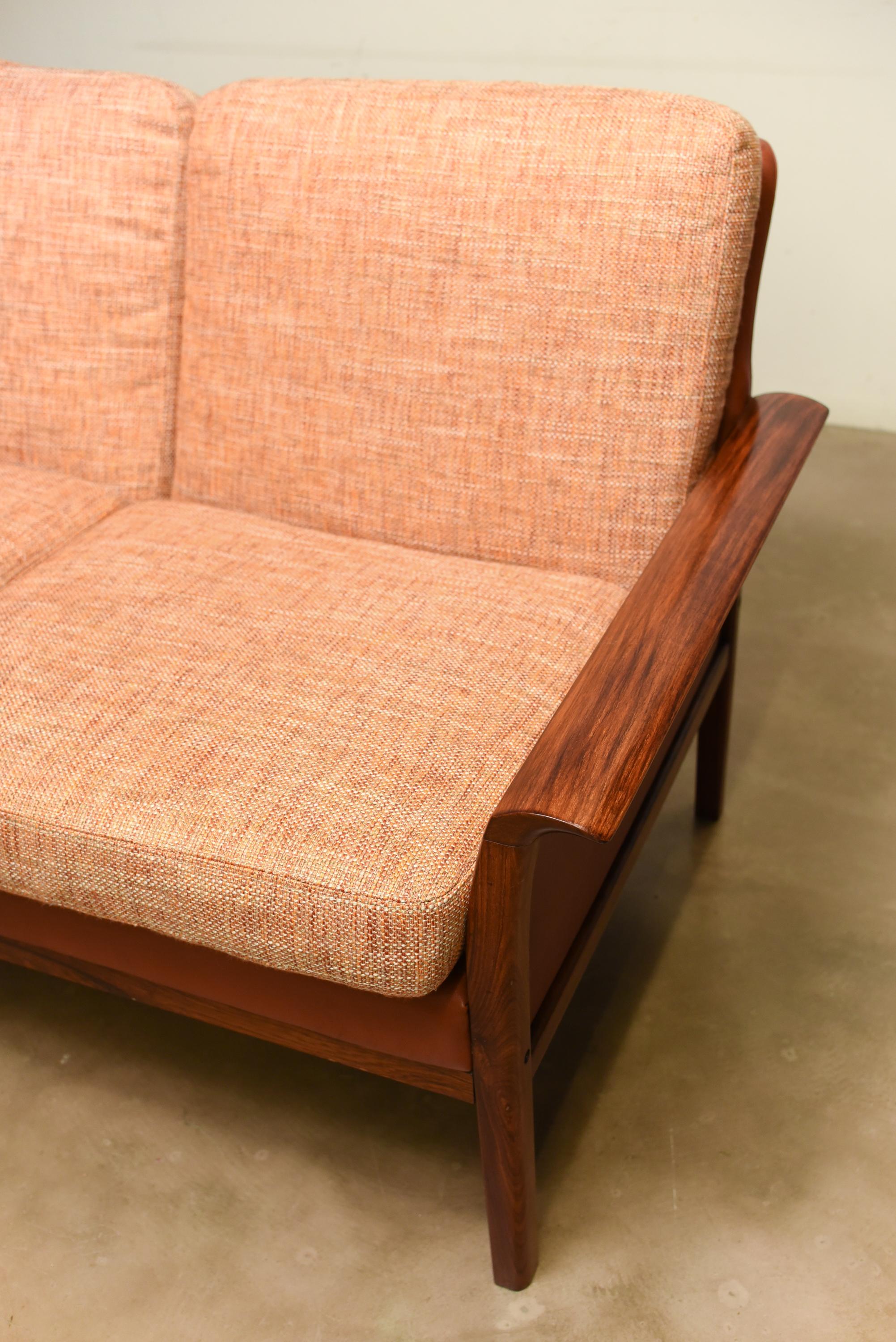 Rosewood and leather Scandinavian three-seat sofa, 1960s.