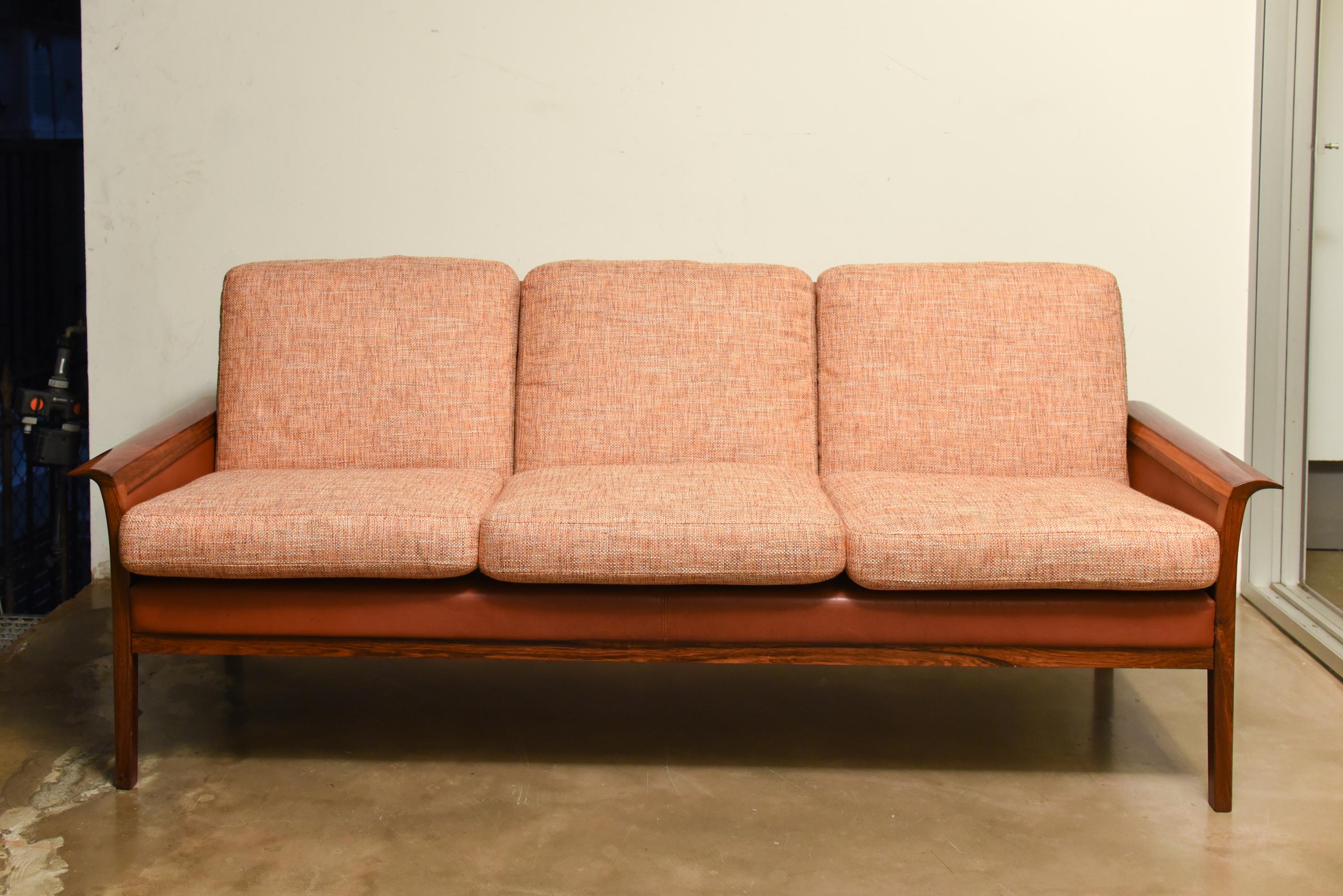 Leather Mid Century Rosewood Scandinavian Three-Seat Sofa, 1960s