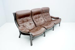 Scandinavian Three Seat Sofa in Brown Leather and Wood IKEA 1970s
