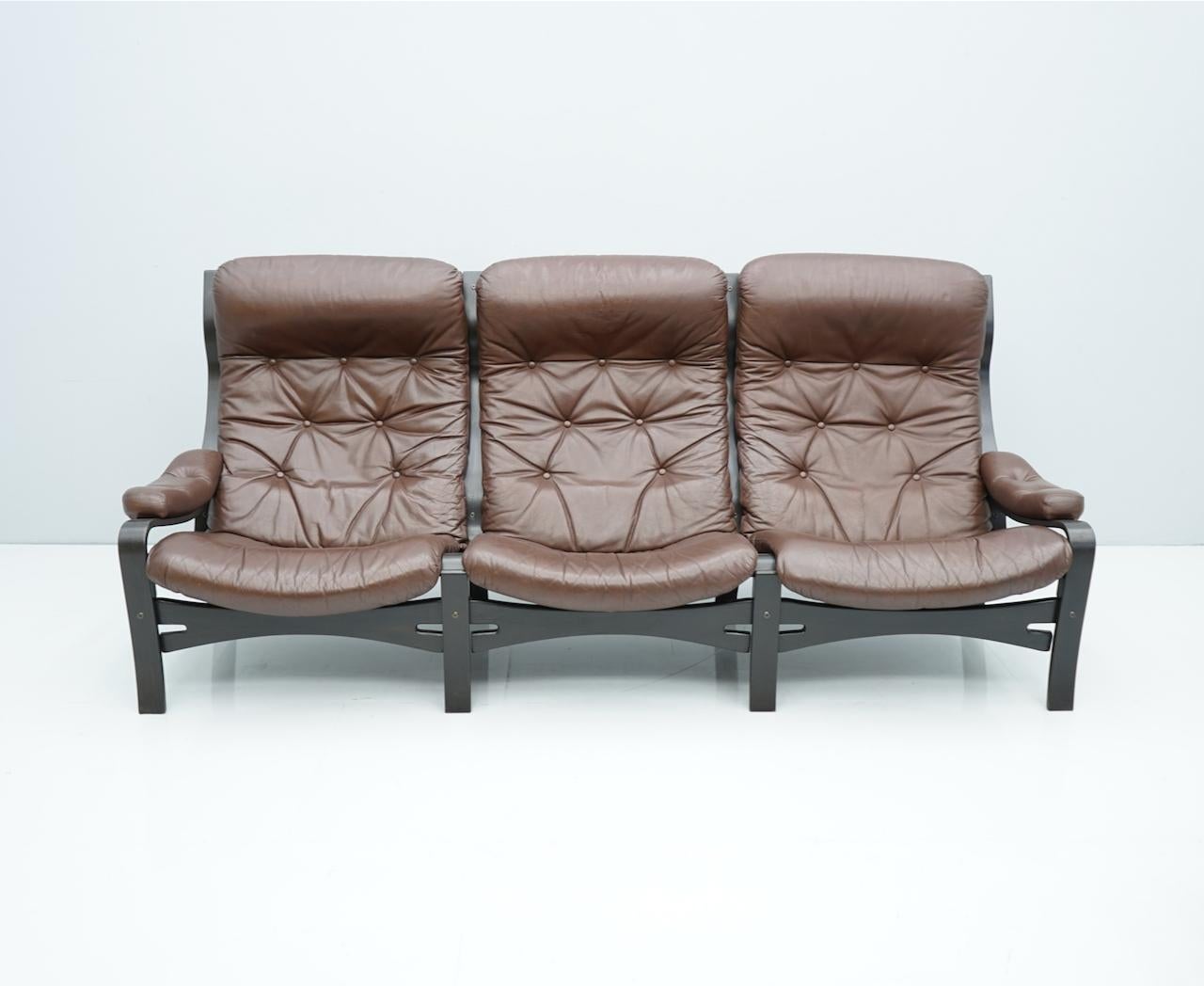 Scandinavian Modern Scandinavian Three Seat Sofa in Brown Leather and Wood IKEA 1970s For Sale