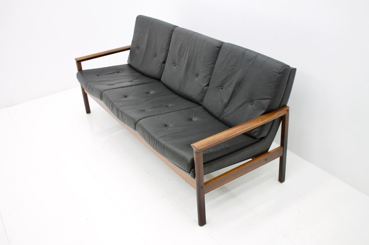 Scandinavian Modern Scandinavian Three-Seat Sofa in Wood and Leather 1960s