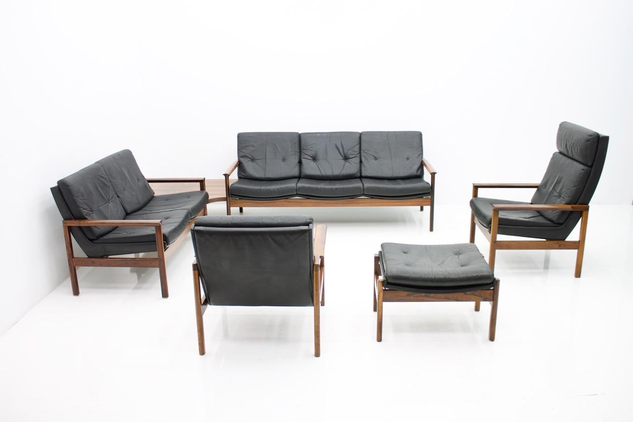 Mid-20th Century Scandinavian Three-Seat Sofa in Wood and Leather 1960s