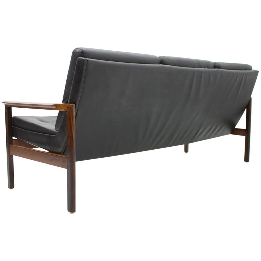 Scandinavian Three-Seat Sofa in Wood and Leather 1960s