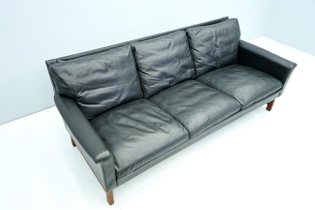 Mid-20th Century Scandinavian Three-Seat Sofa in Teak Wood and Black Leather, 1960s For Sale