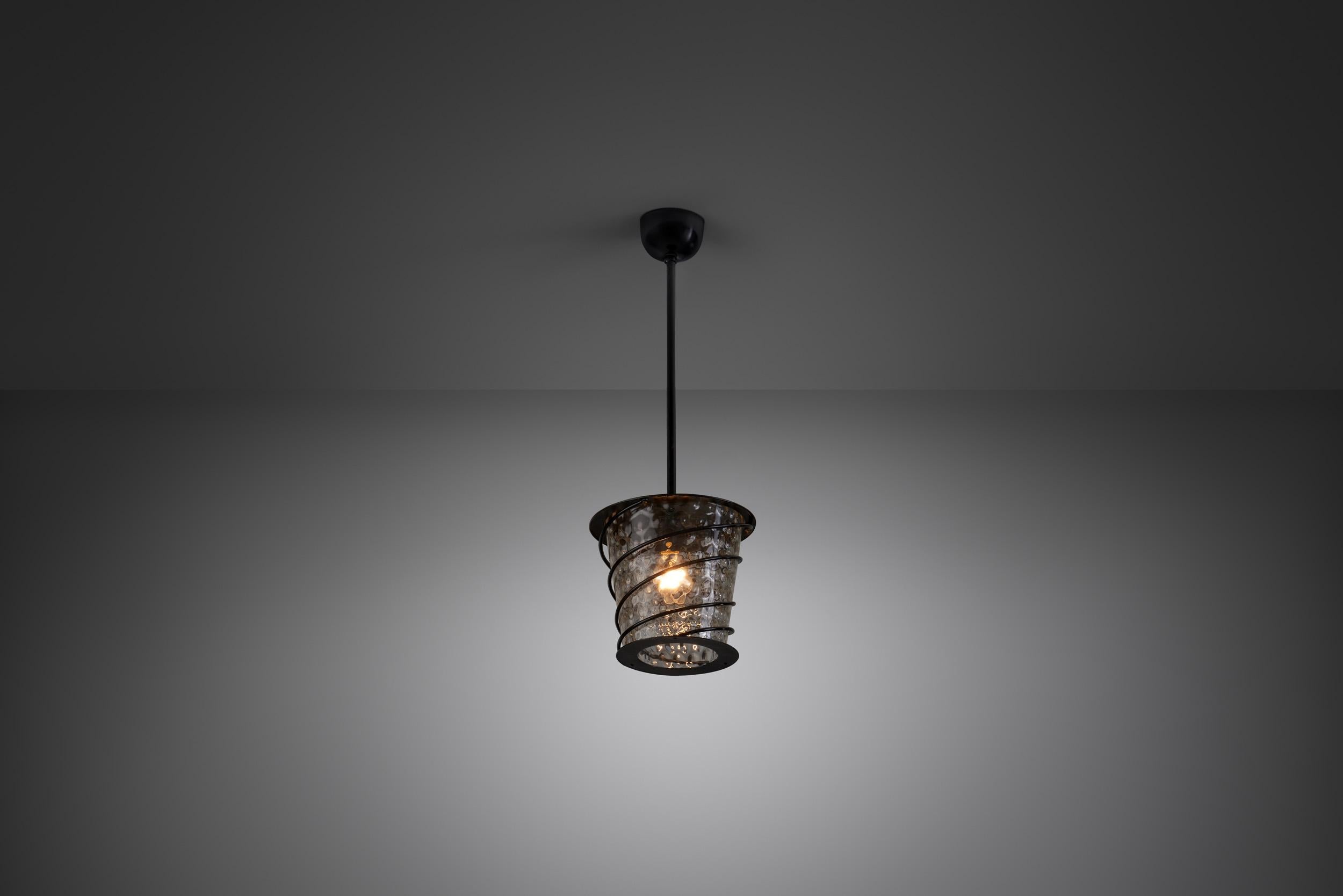 Early 20th Century Scandinavian Tin and Glass Accent Ceiling Lamp, Scandinavia, 1920s For Sale