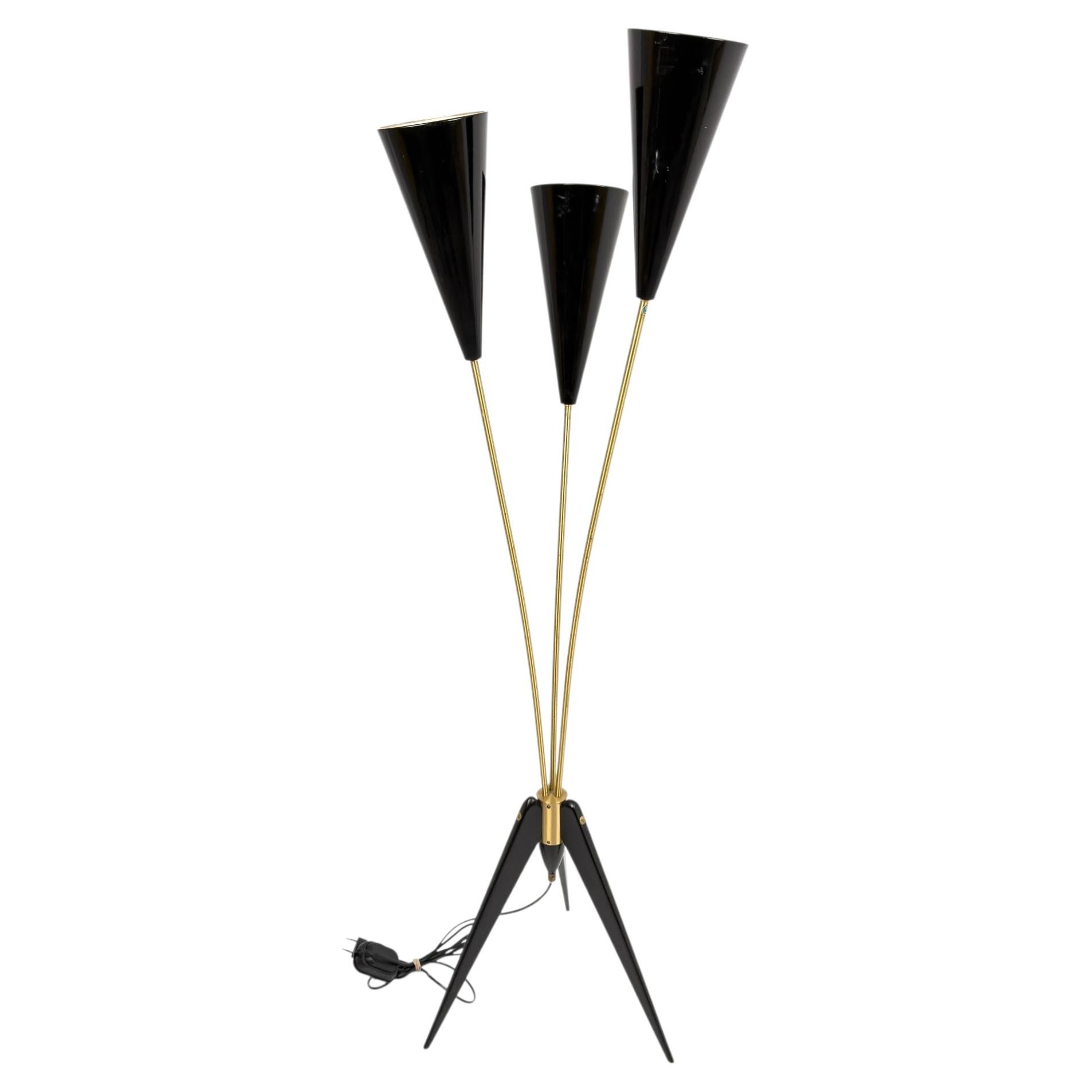 Scandinavian Tripod Floor Lamp, 1950s – Brass and Black Lacquer