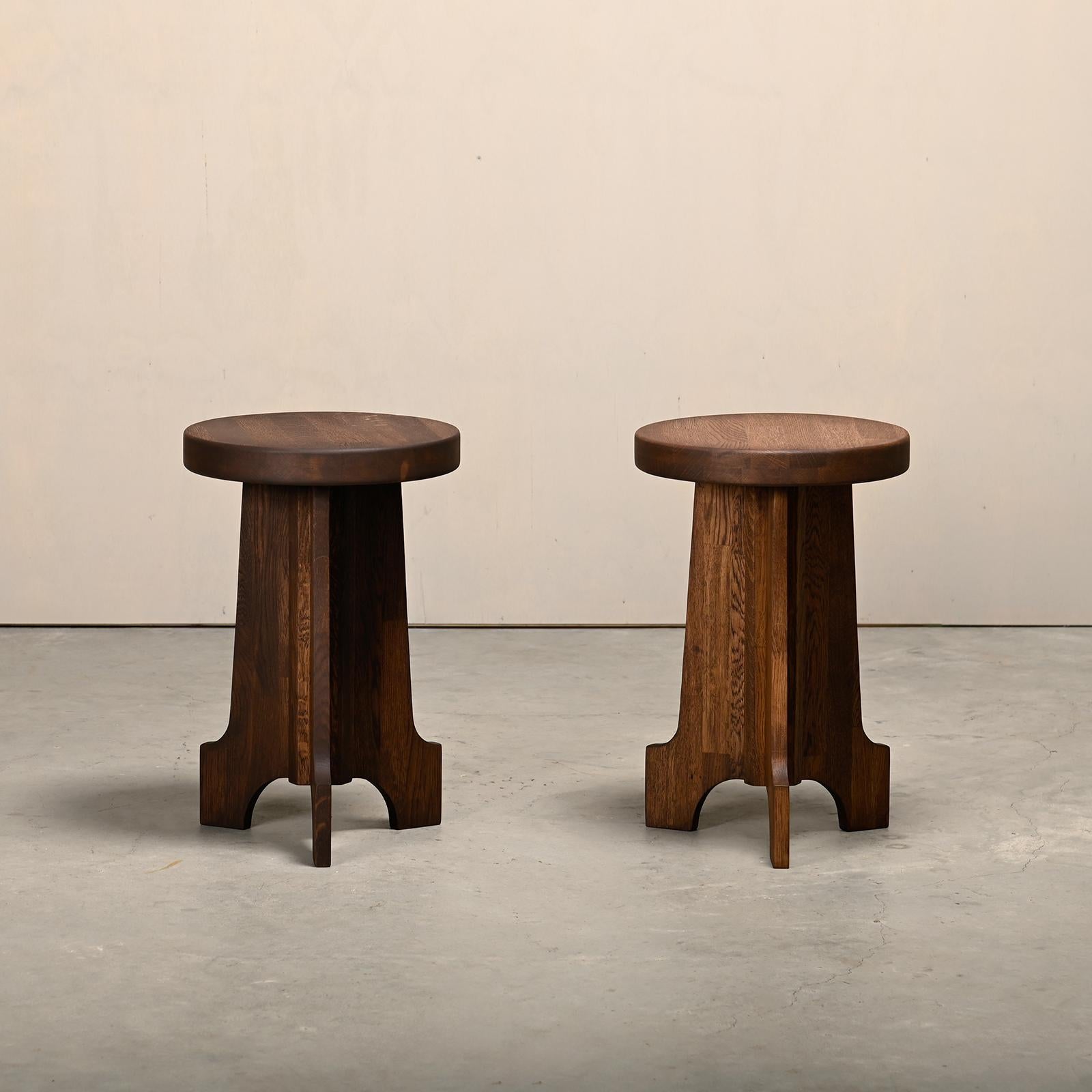 Scandinavian tripod stools in Art Deco style made of solid stained Oak, Sweden. The stools are in very good condition and are sold per piece.