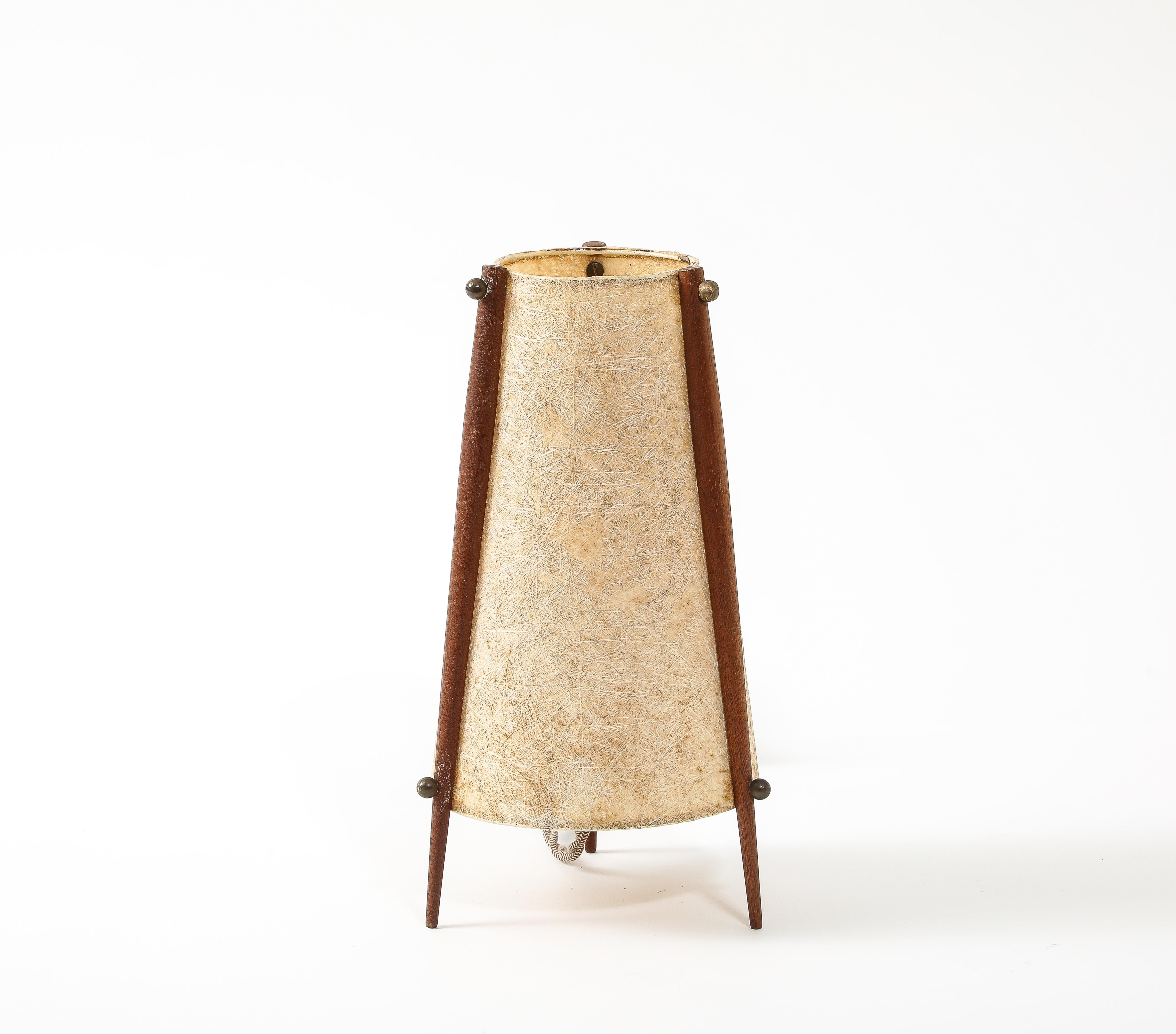 Danish Scandinavian Tripodal Teak & Paper Conical Table Lamp For Sale