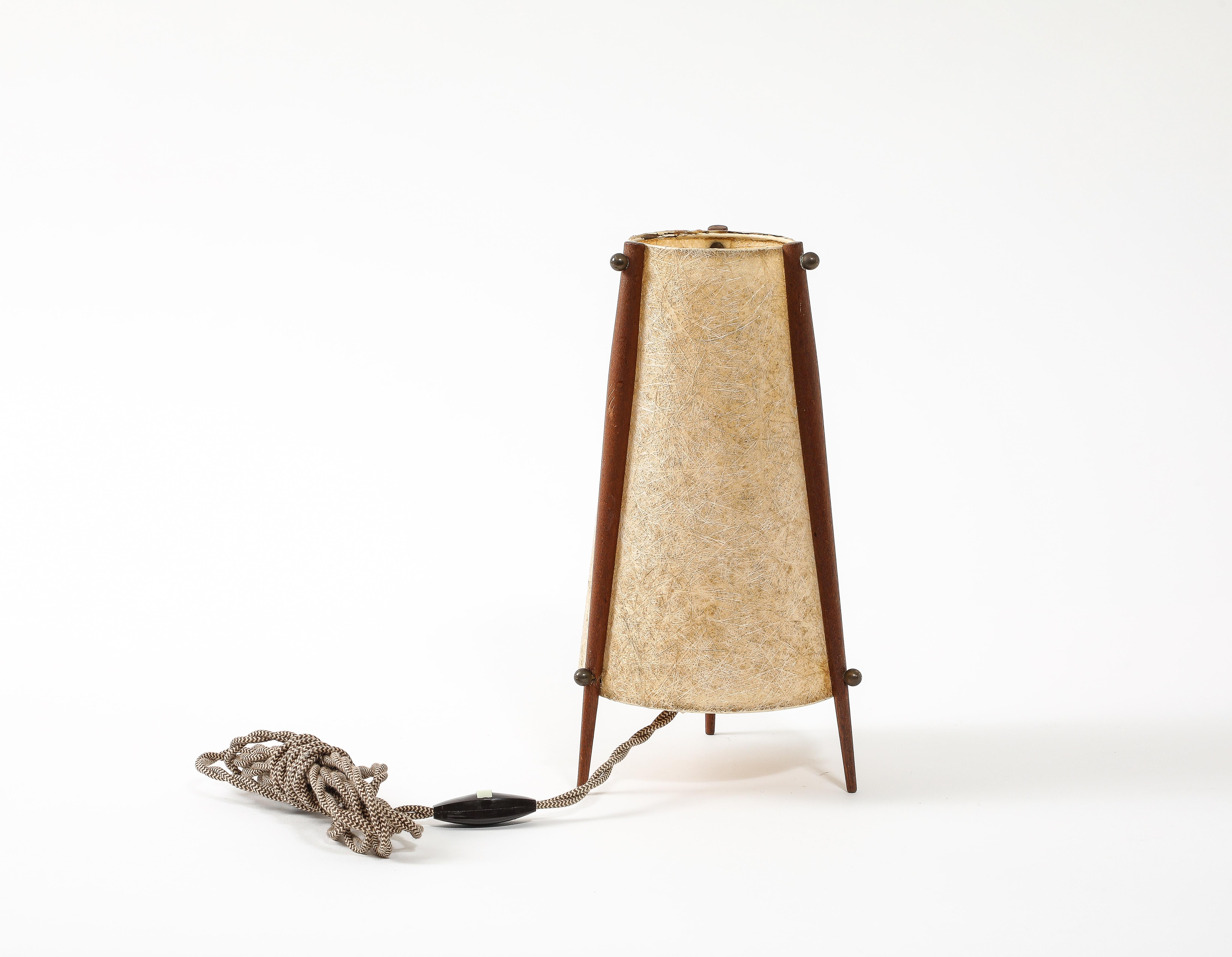 Brass Scandinavian Tripodal Teak & Paper Conical Table Lamp For Sale