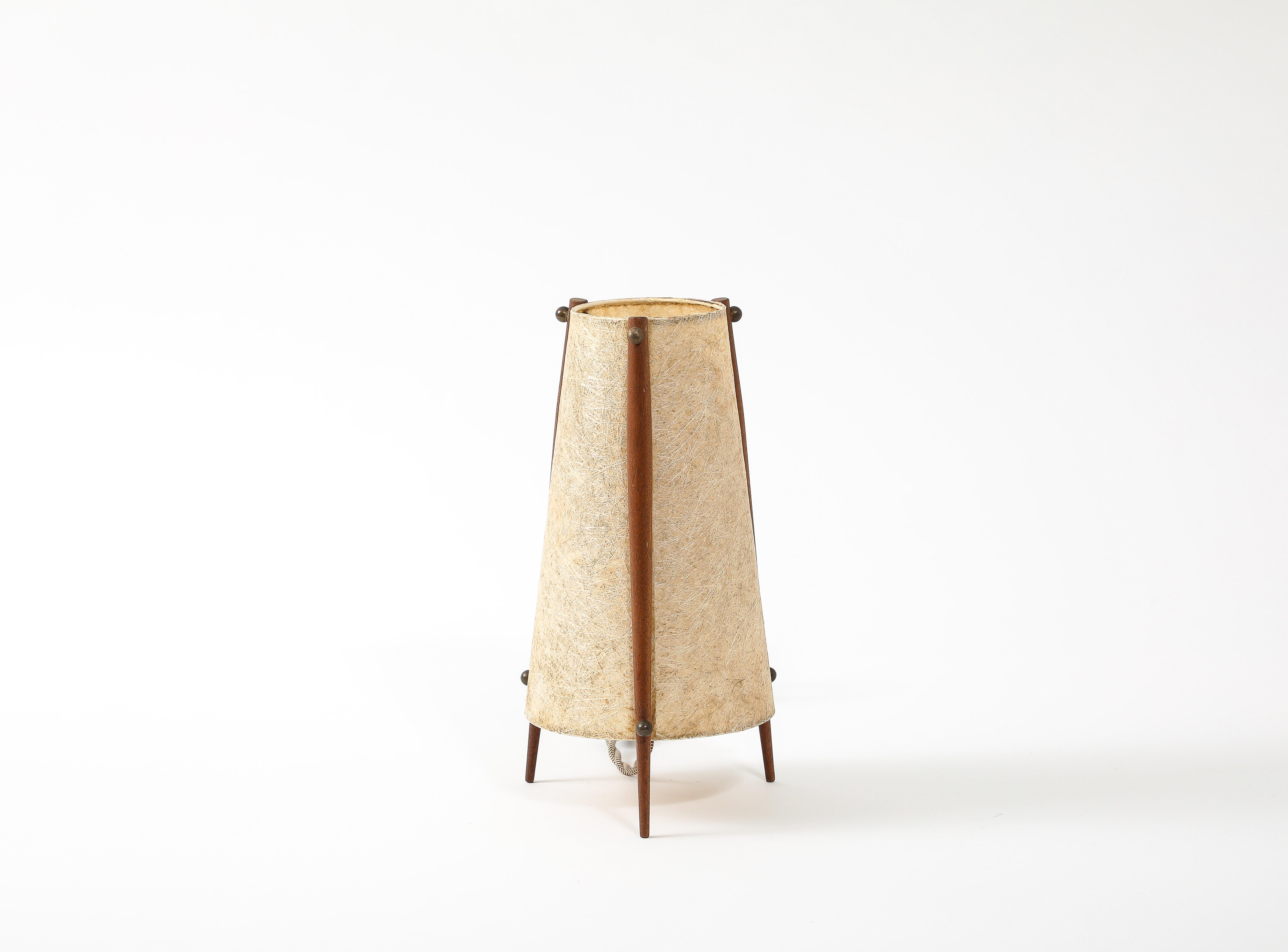 Scandinavian Tripodal Teak & Paper Conical Table Lamp 1
