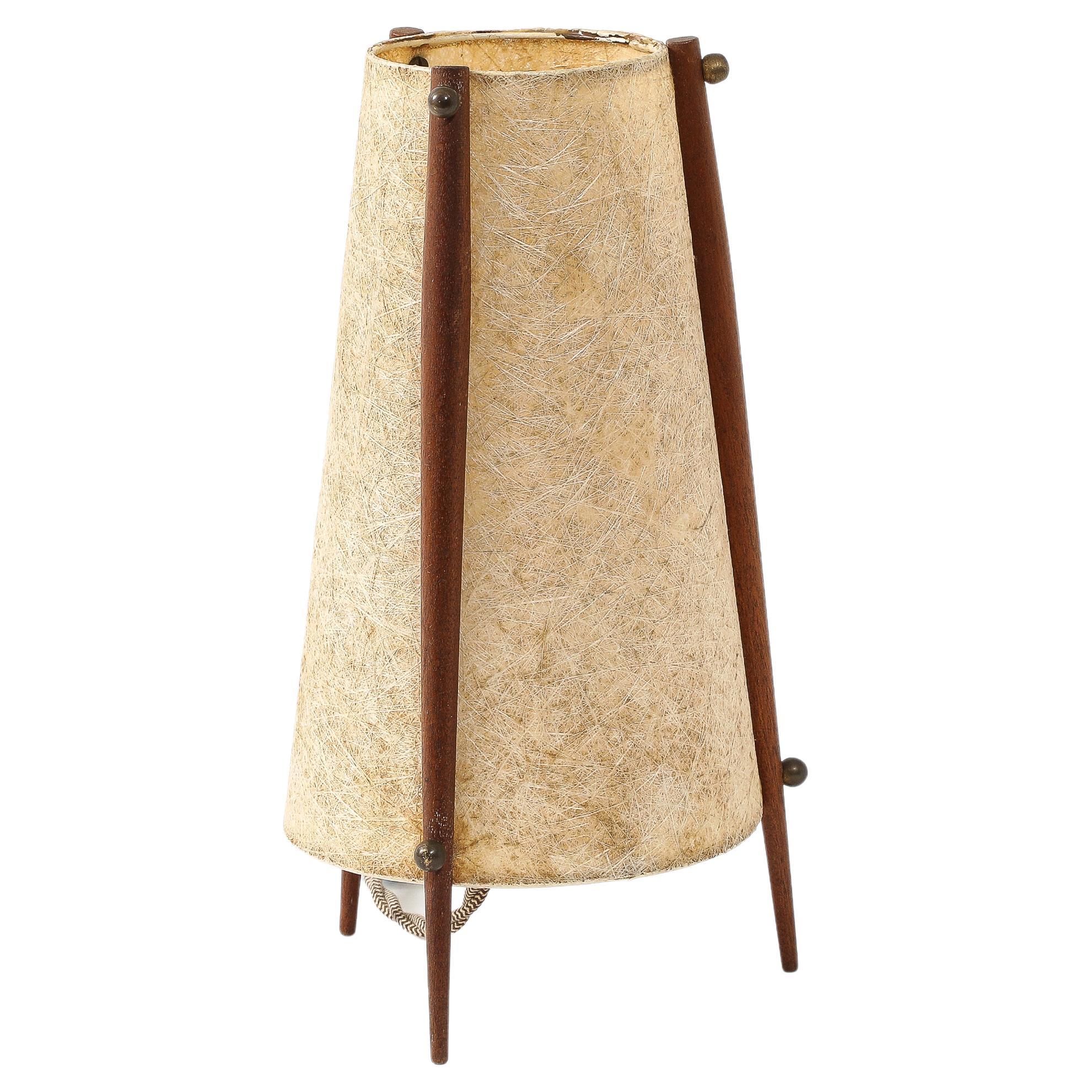 Scandinavian Tripodal Teak & Paper Conical Table Lamp