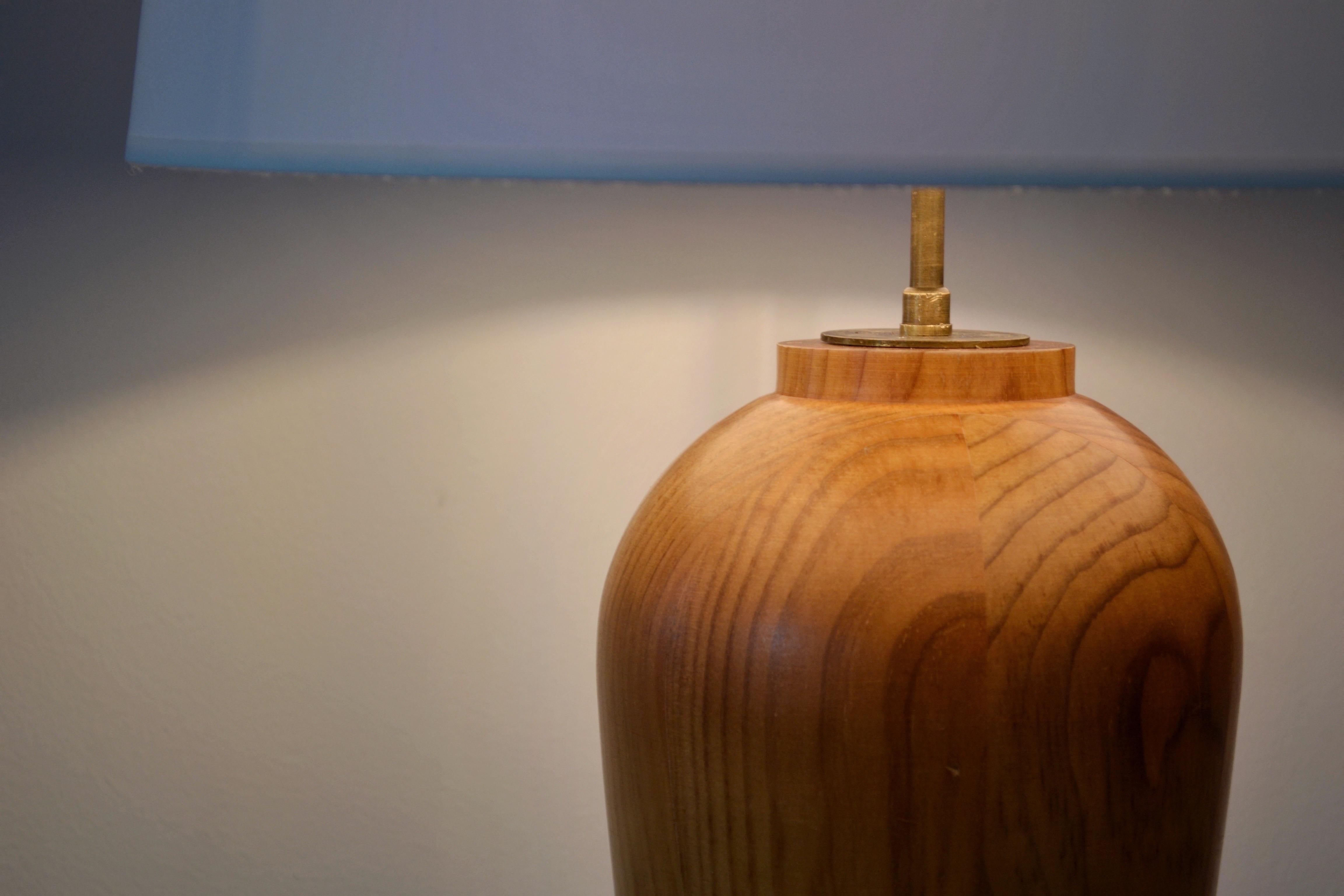 Brass Scandinavian Turned Pine Table Lamp, 1970s For Sale